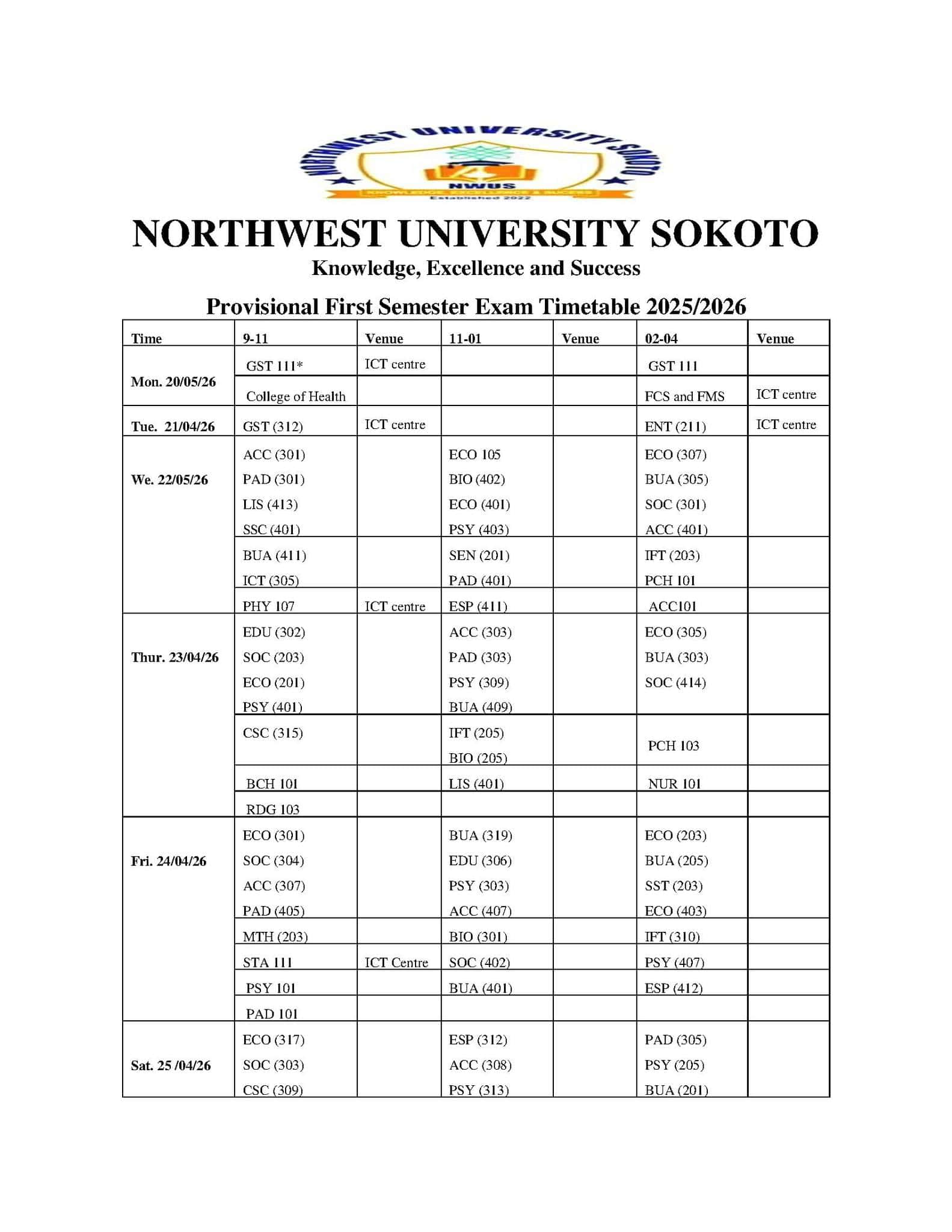 Northwest University Sokoto (NWUS) First Semester Exam Timetable, 2025-2026 1