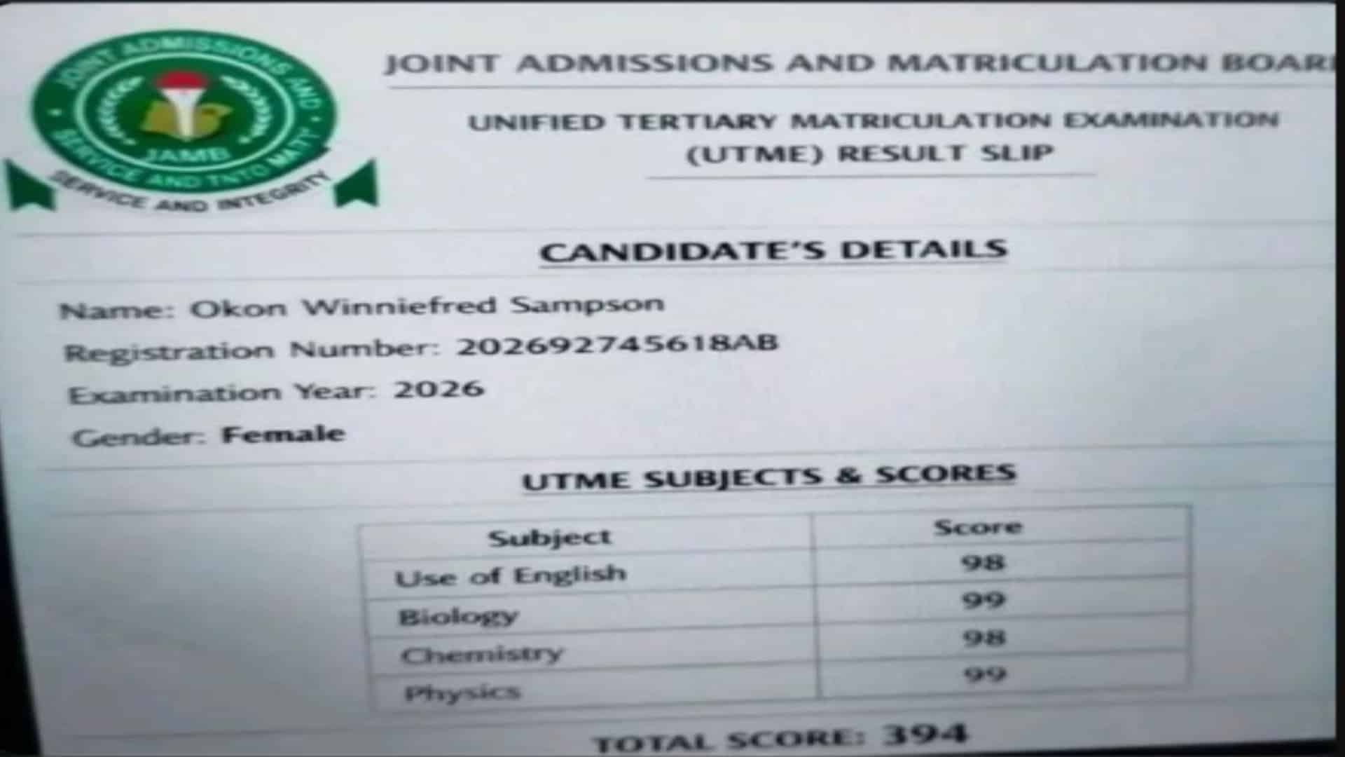 JAMB Flags Viral 394 UTME Result Slip as Fake