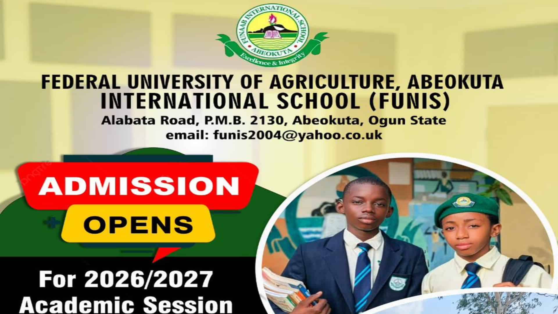 FUNIS Admission 2026/2027: Classes, CBT Exam Dates and Contact Details