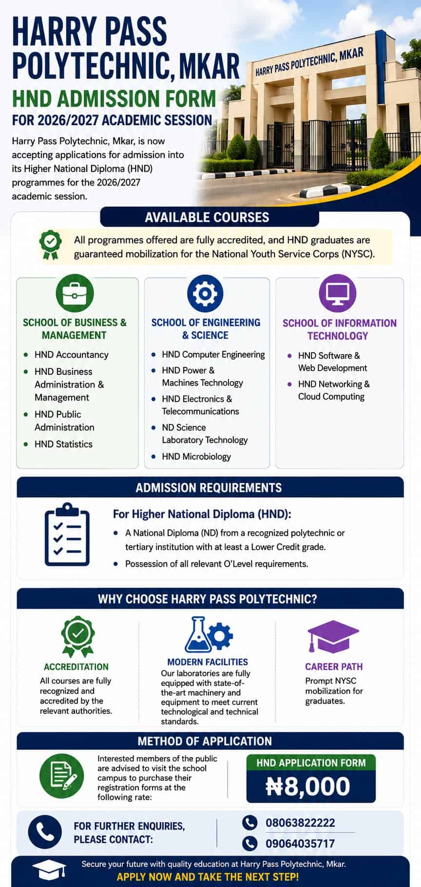Harry Pass Polytechnic HND Admission Form 2026/2027: Courses, Fee and Entry Rules