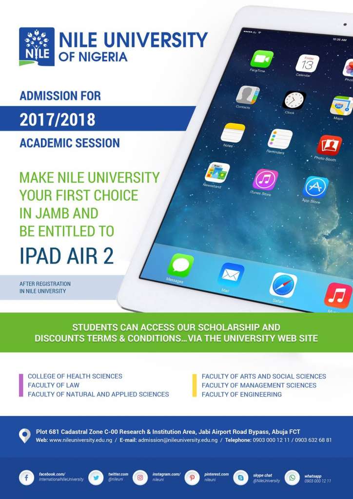 Make Nile University Your 1st Choice in JAMB and Be Entitled to IPAD AIR 2 – 2017/18
