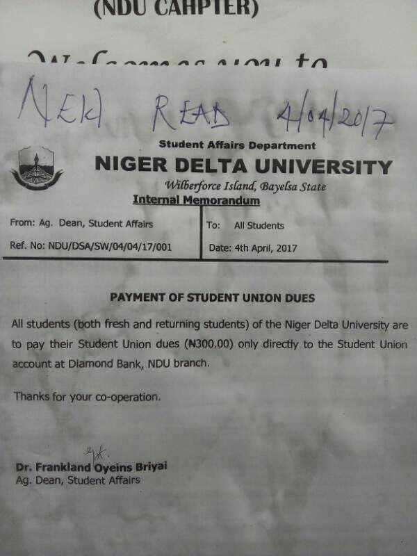 NDU Notice to Students on Payment of Student Union Dues