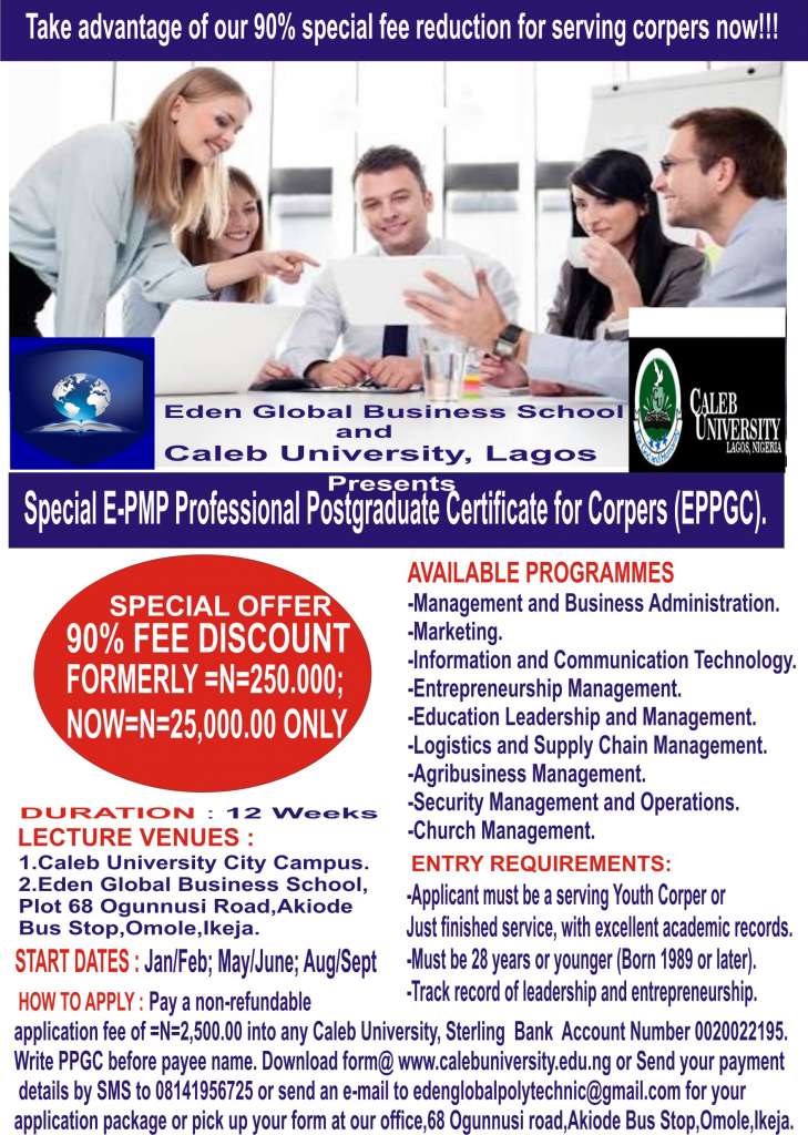 Caleb University Specialist Postgraduate Certificate for Corpers Admission Form – 2017/18
