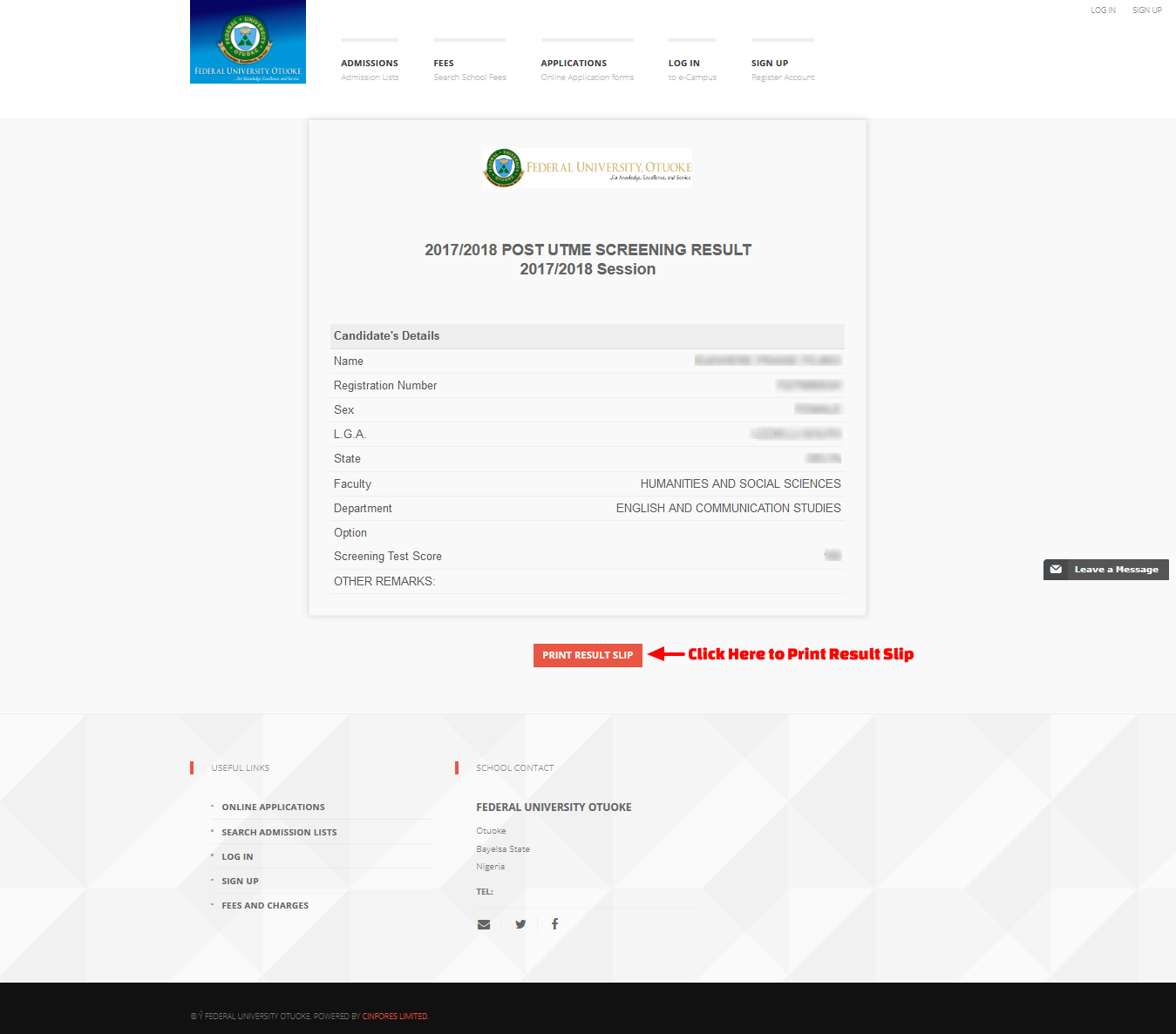 Federal University Otuoke (FUOTUOKE) Post UTME Result for 2020/2021 Academic Session