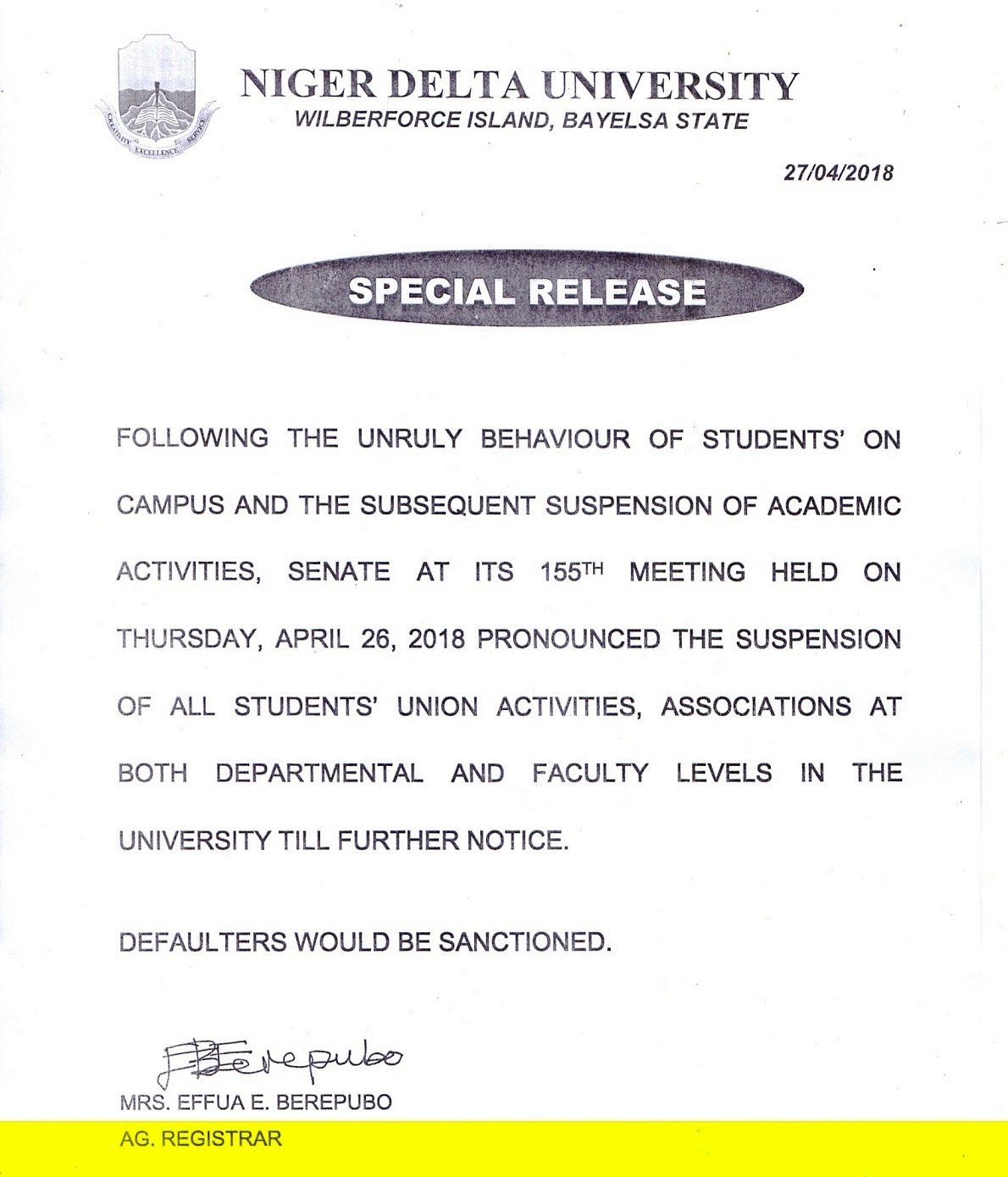 Niger Delta University (NDU) Suspends All Students' Union Activities