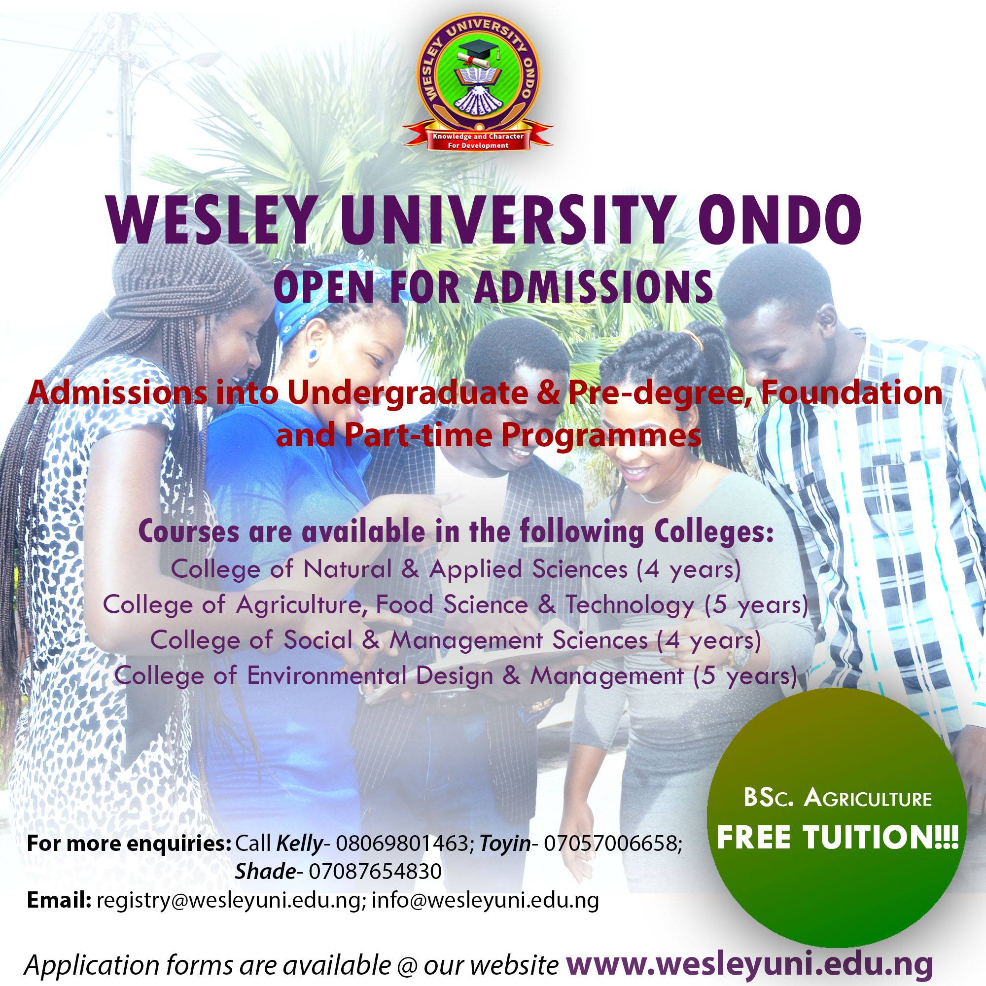 Wesley University Ondo B.Sc. Agriculture Admission Form