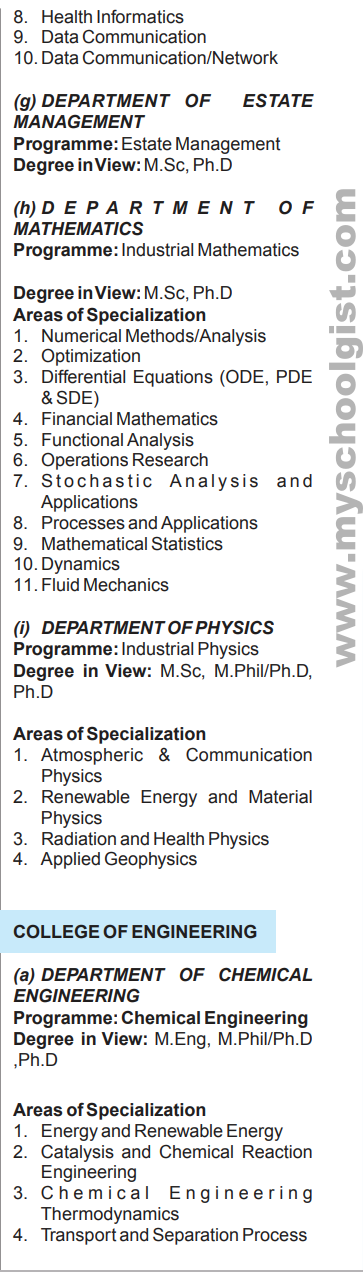 Covenant University Postgraduate Courses