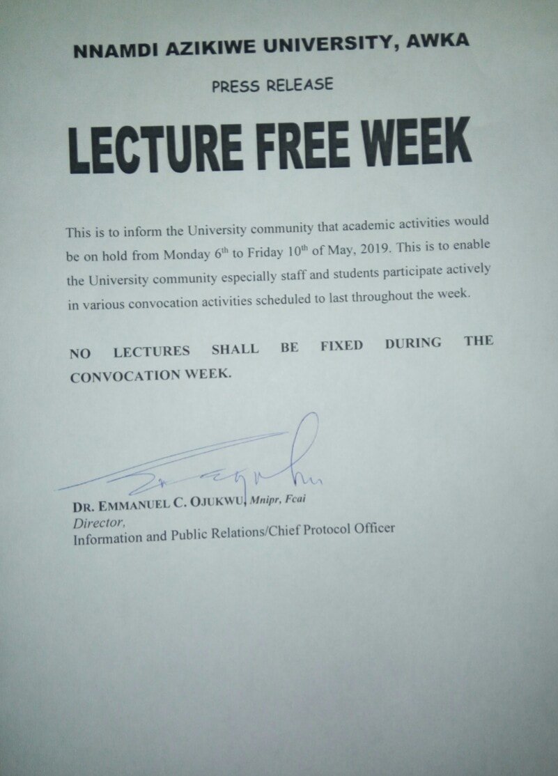UNIZIK Lecture free week