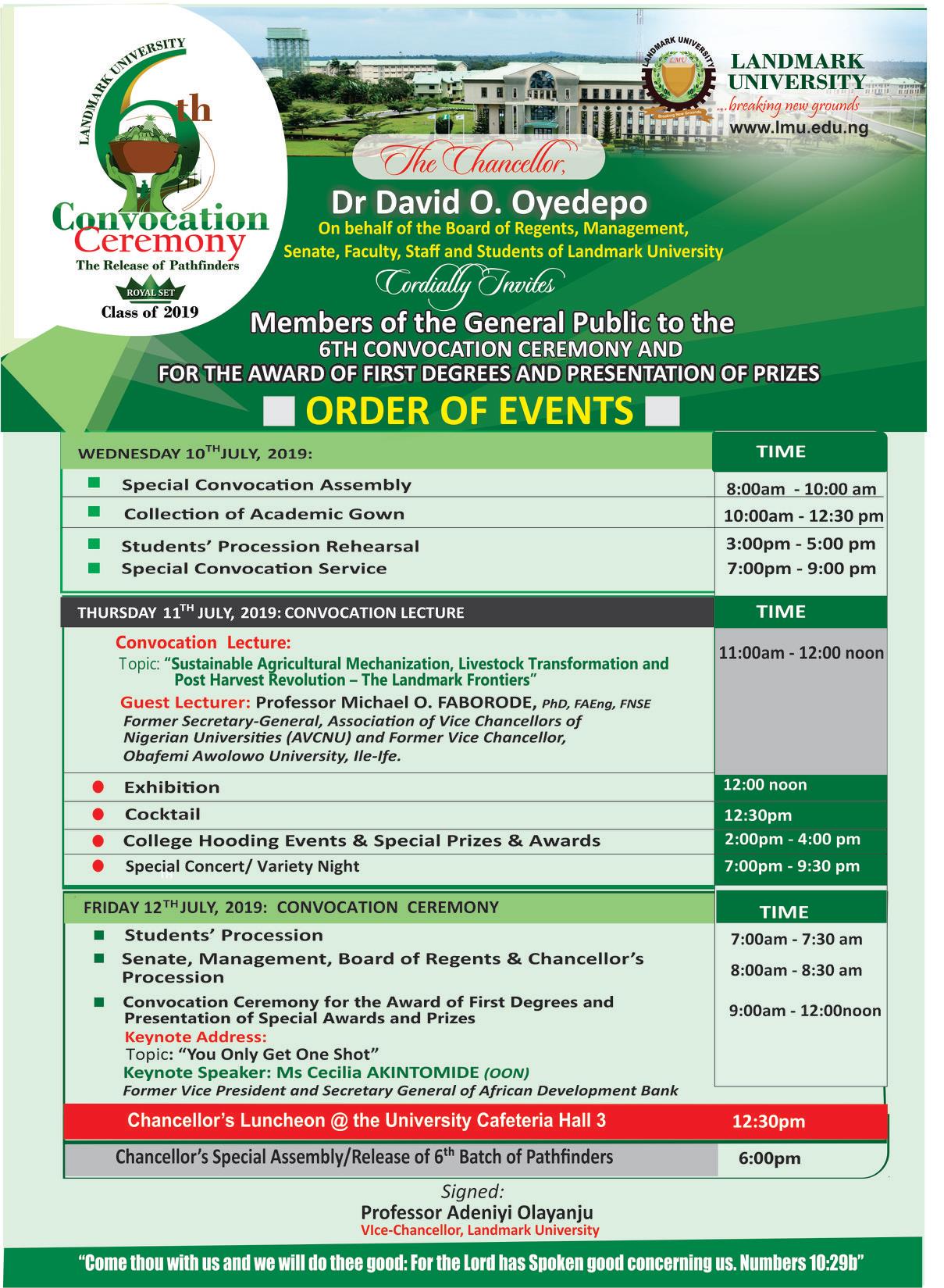 Landmark University Convocation Ceremony Programme of Events
