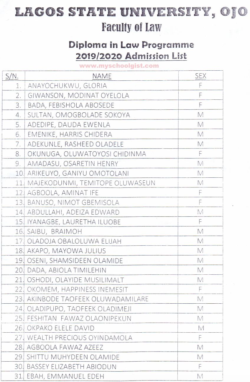 LASU Diploma in Law Admission List