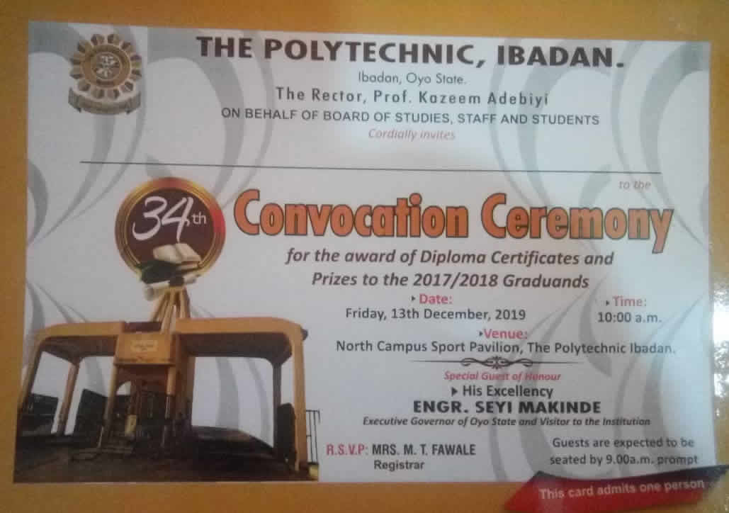 Polytechnic Ibadan 34th Convocation Ceremony Programme of Events