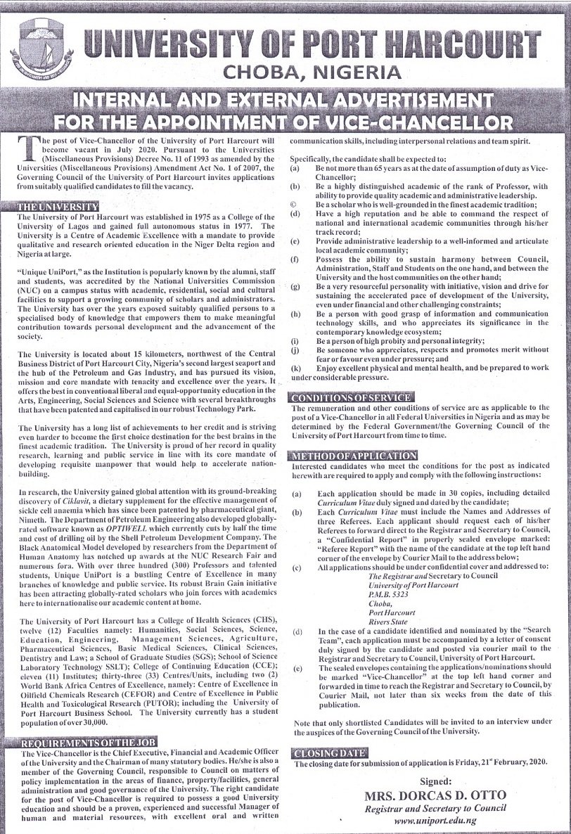 UNIPORT VC Job
