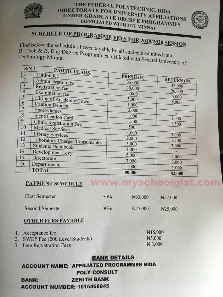 Bida Poly Affiliated to FUTMINNA School Fees Schedule