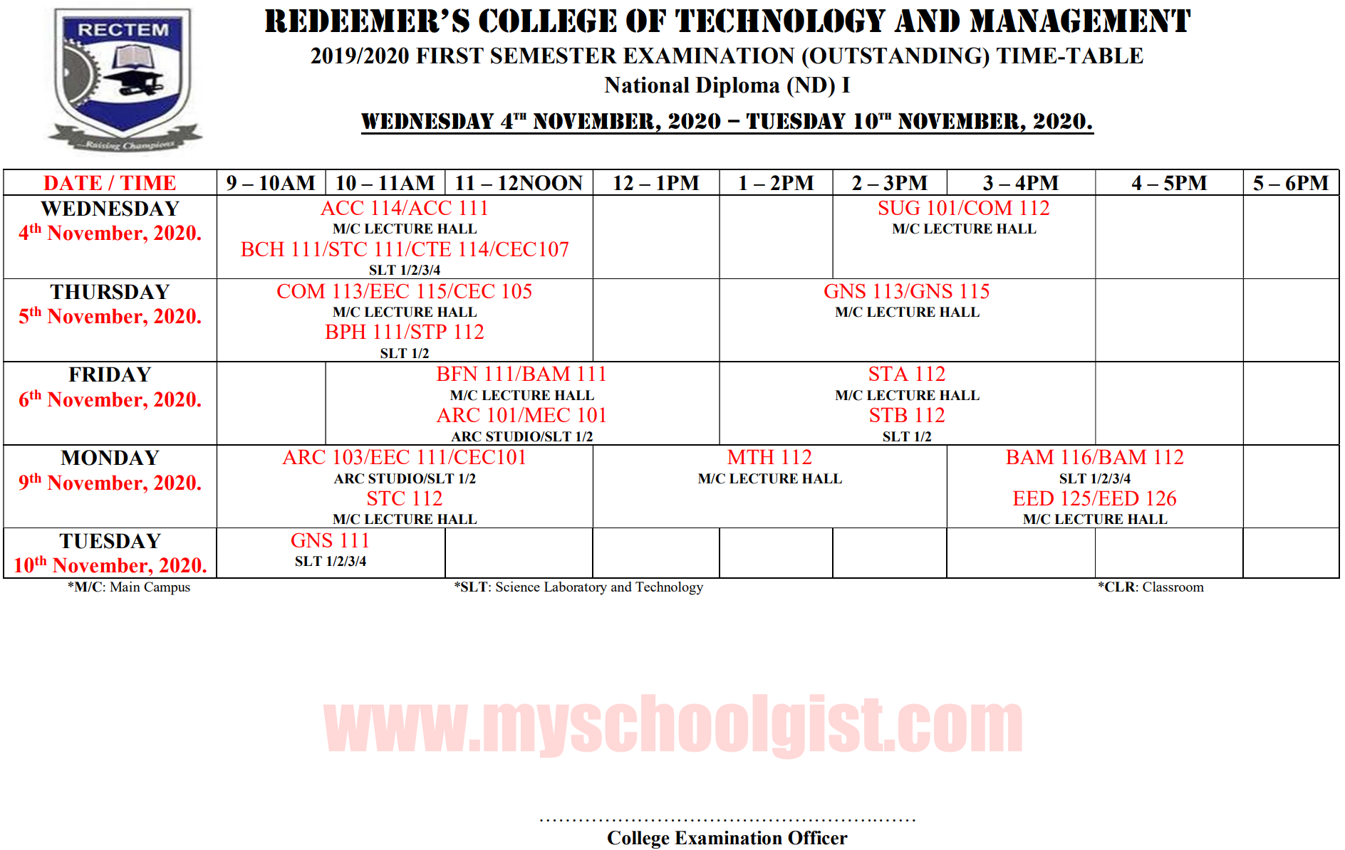 Redeemer's College of Technology and Management (RECTEM) Exam Timetable