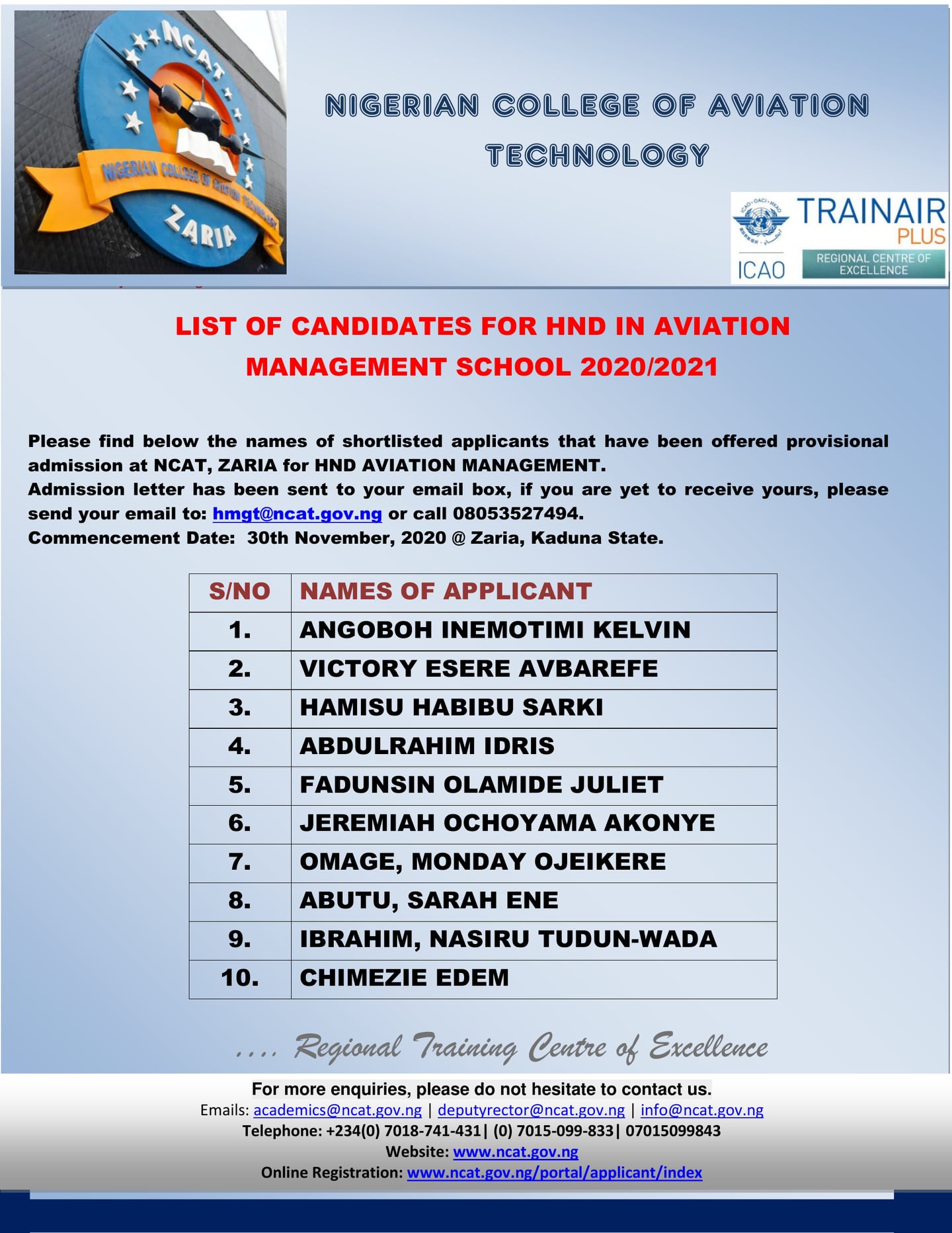 NCAT HND Admission List