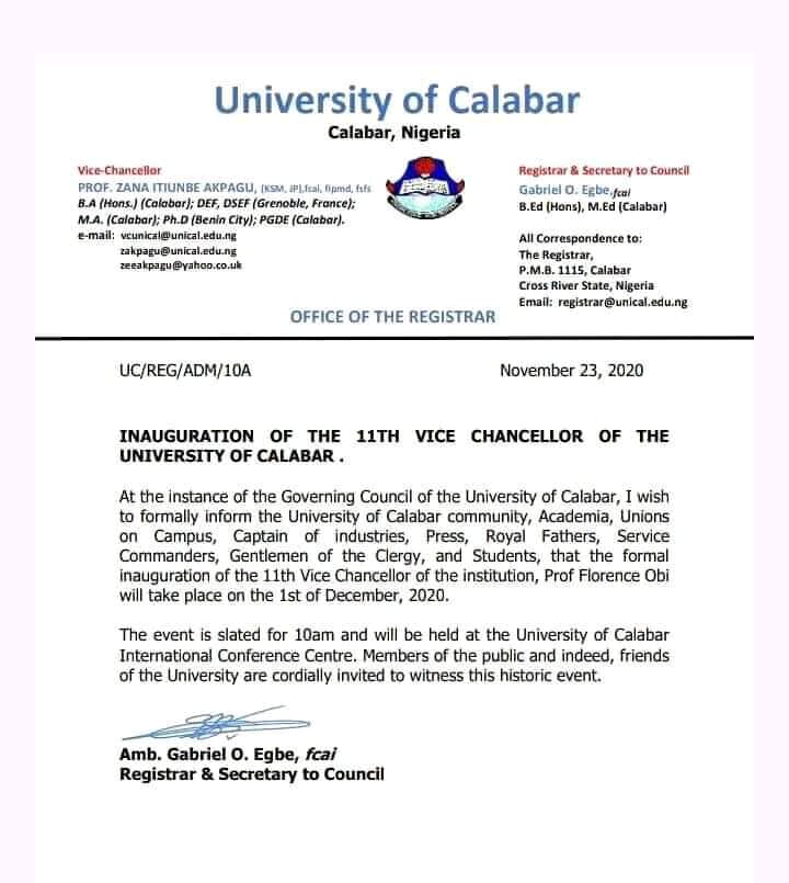 University of Calabar (UNICAL) 11th Vice-Chancellor Inauguration