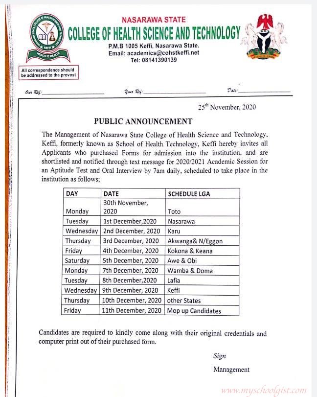 Nasarawa State College of Health Science and Technology SCreening Schedule