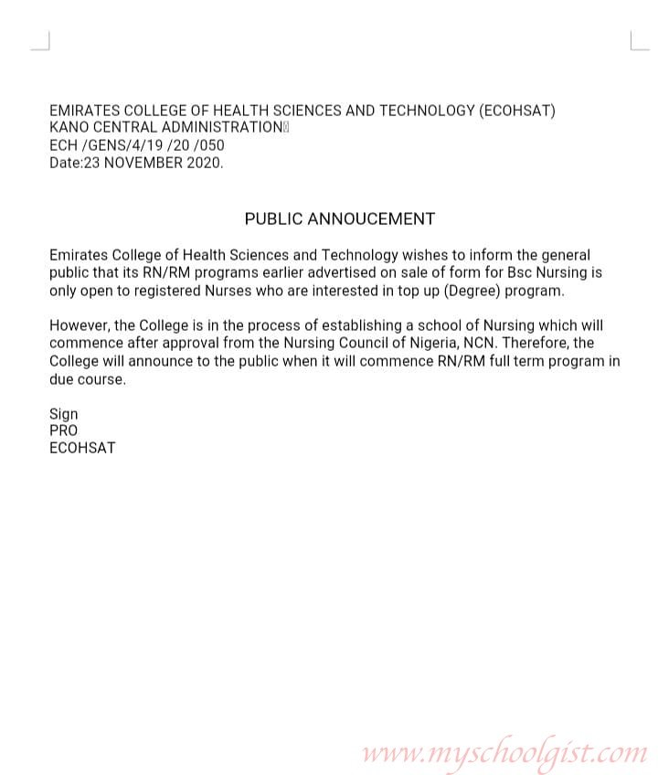 ECOHSAT notice to the public