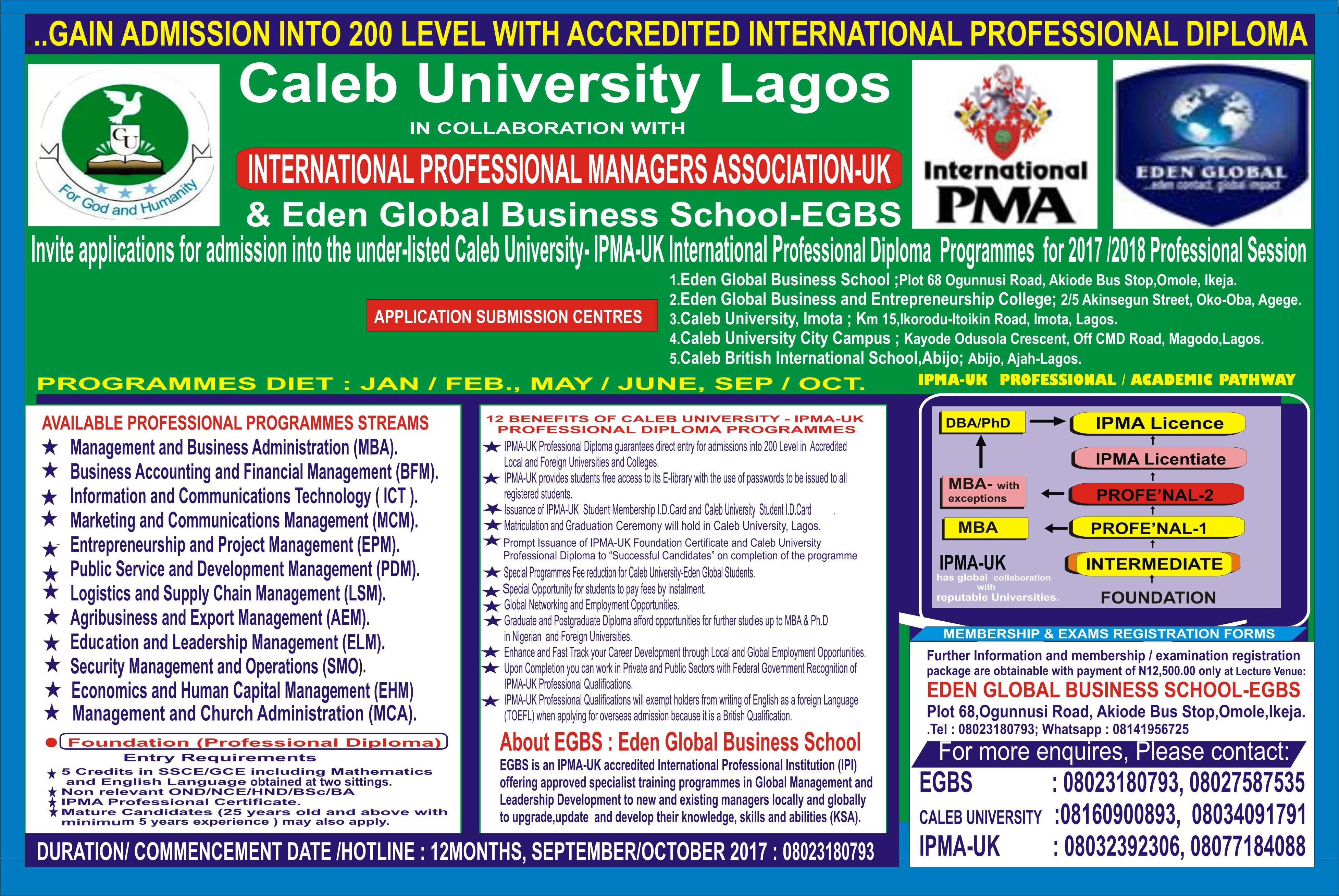 Gain Admission Into 200 Level With Caleb University-IPMA-UK ...