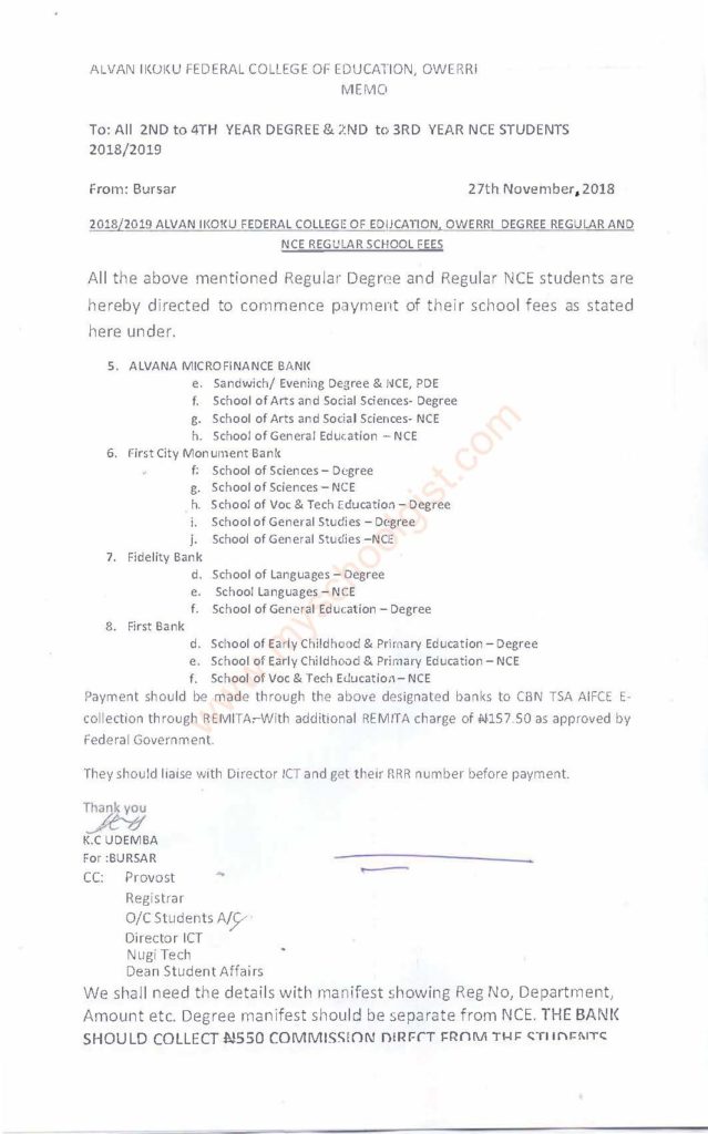 Alvan Ikoku College of Education School Fees Schedule 2018/2019 ...