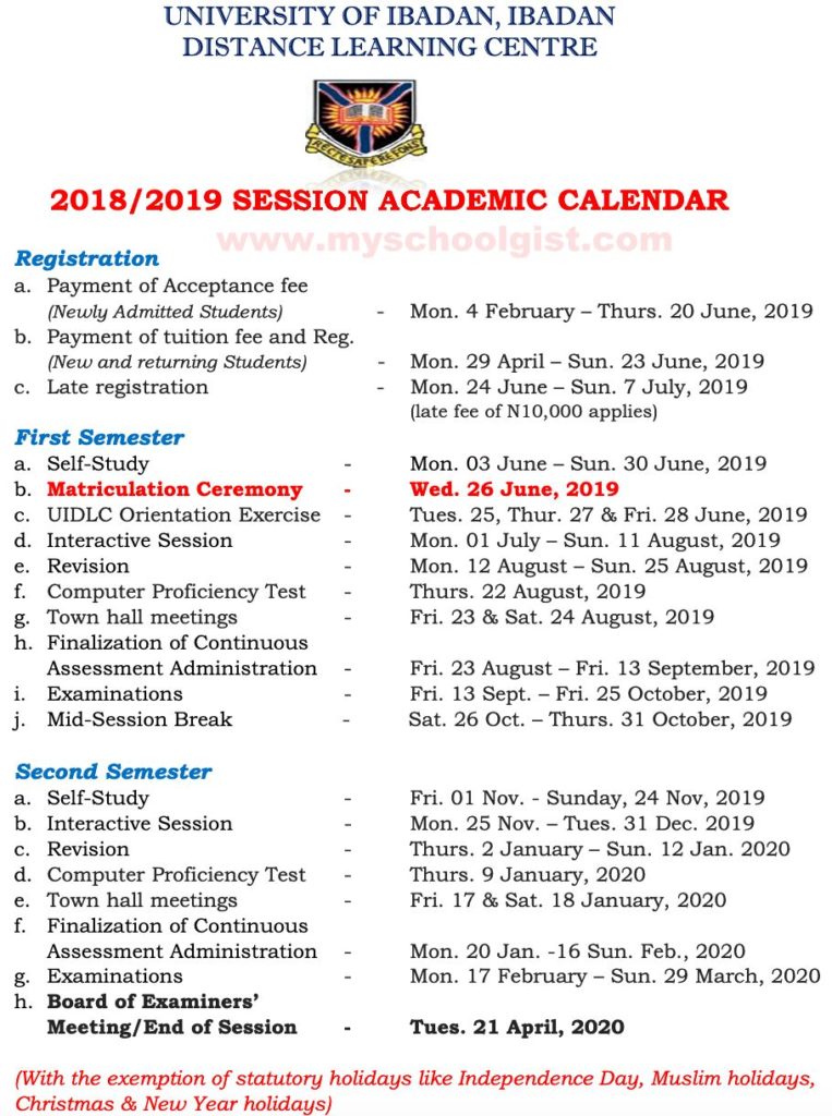 UI Distance Learning Academic Calendar 2018/2019 • MySchoolGist