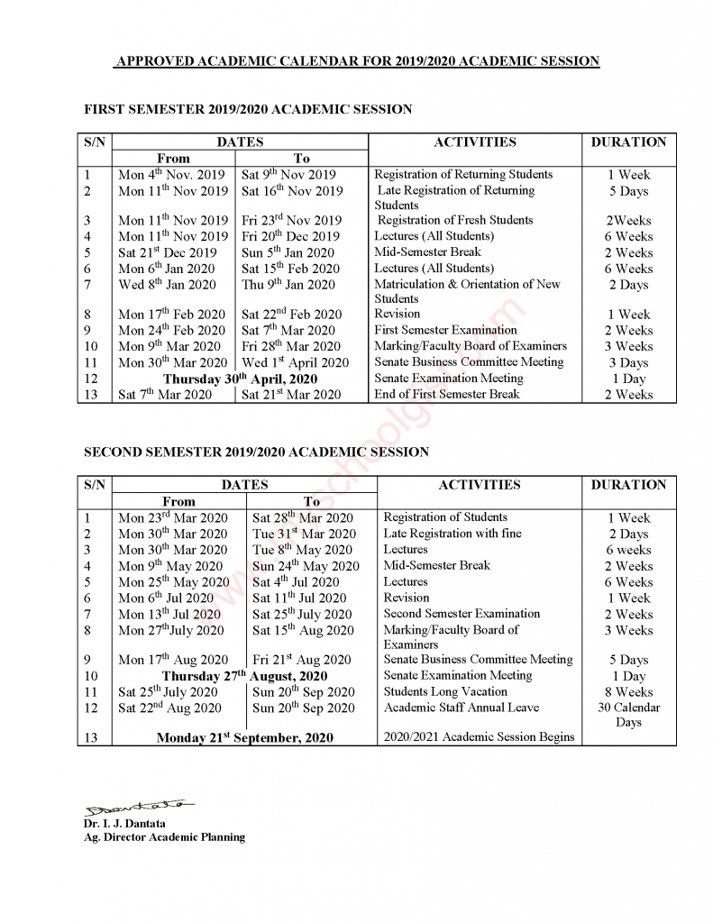 FUGASHUA Academic Calendar for 2019/2020 Session