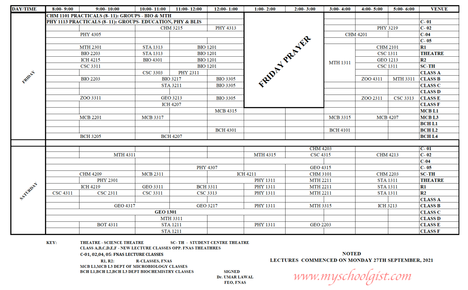 UMYU Lecture Timetable for 1st Semester 2021/2022 • MySchoolGist