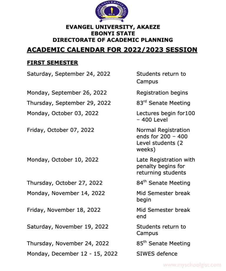 Evangel University Akaeze (EUA) Academic Calendar 2022/2023 • MySchoolGist