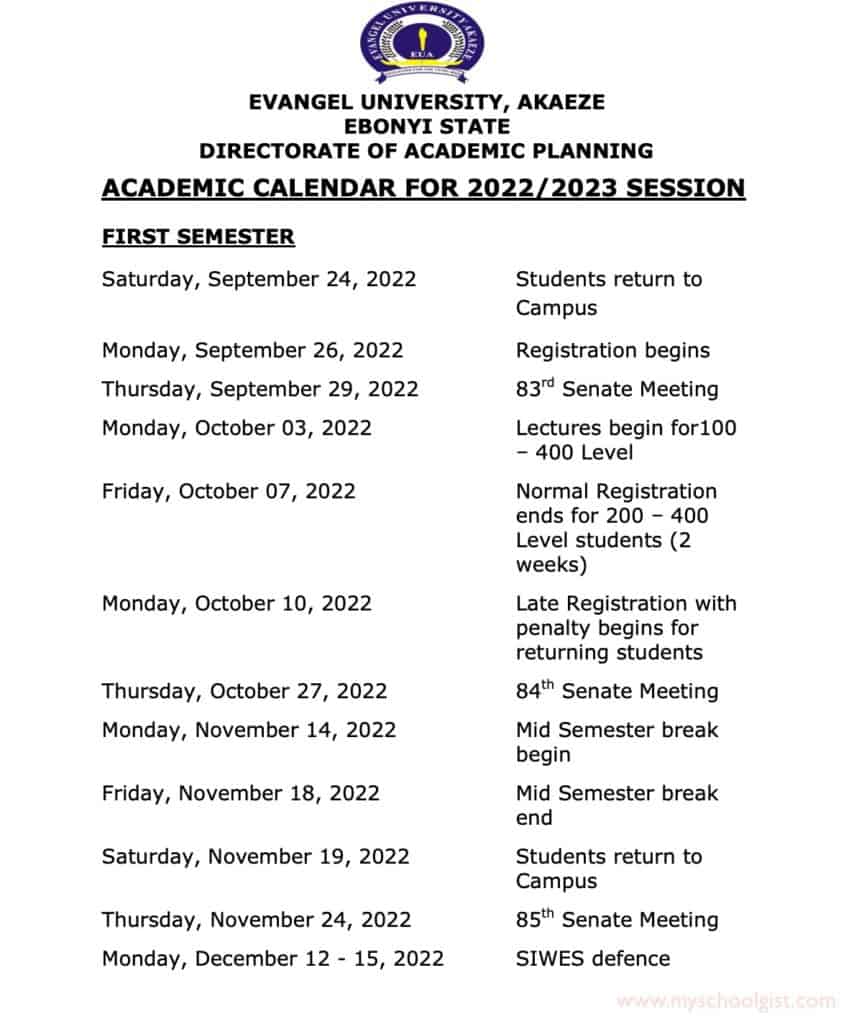 Evangel University Akaeze EUA Academic Calendar 2022 2023 MySchoolGist