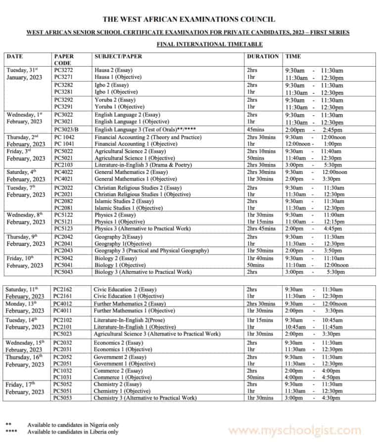 2023-waec-gce-timetable-for-1st-series