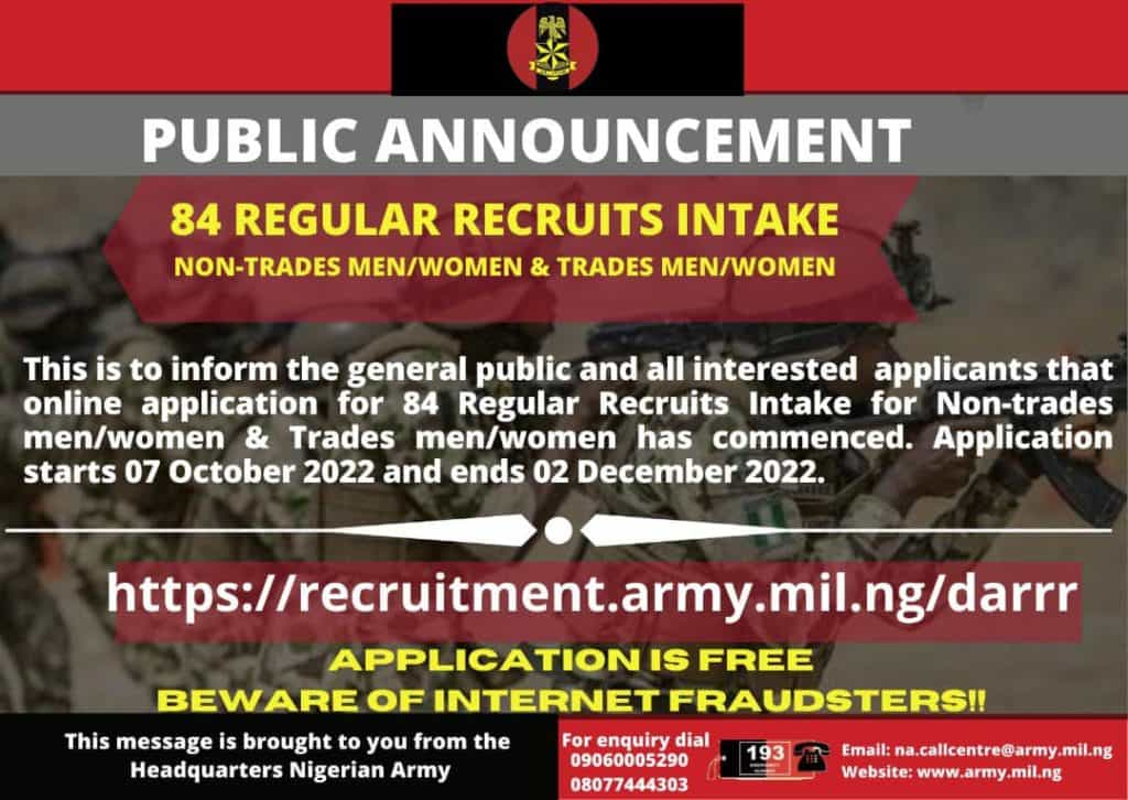 Nigerian Army Recruitment How To Apply For 84RRI 2023 Justschoolnews