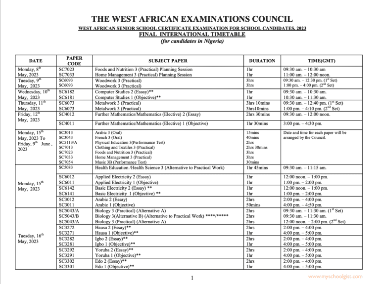 WAEC Timetable for School Candidates May/June 2023 • MySchoolGist