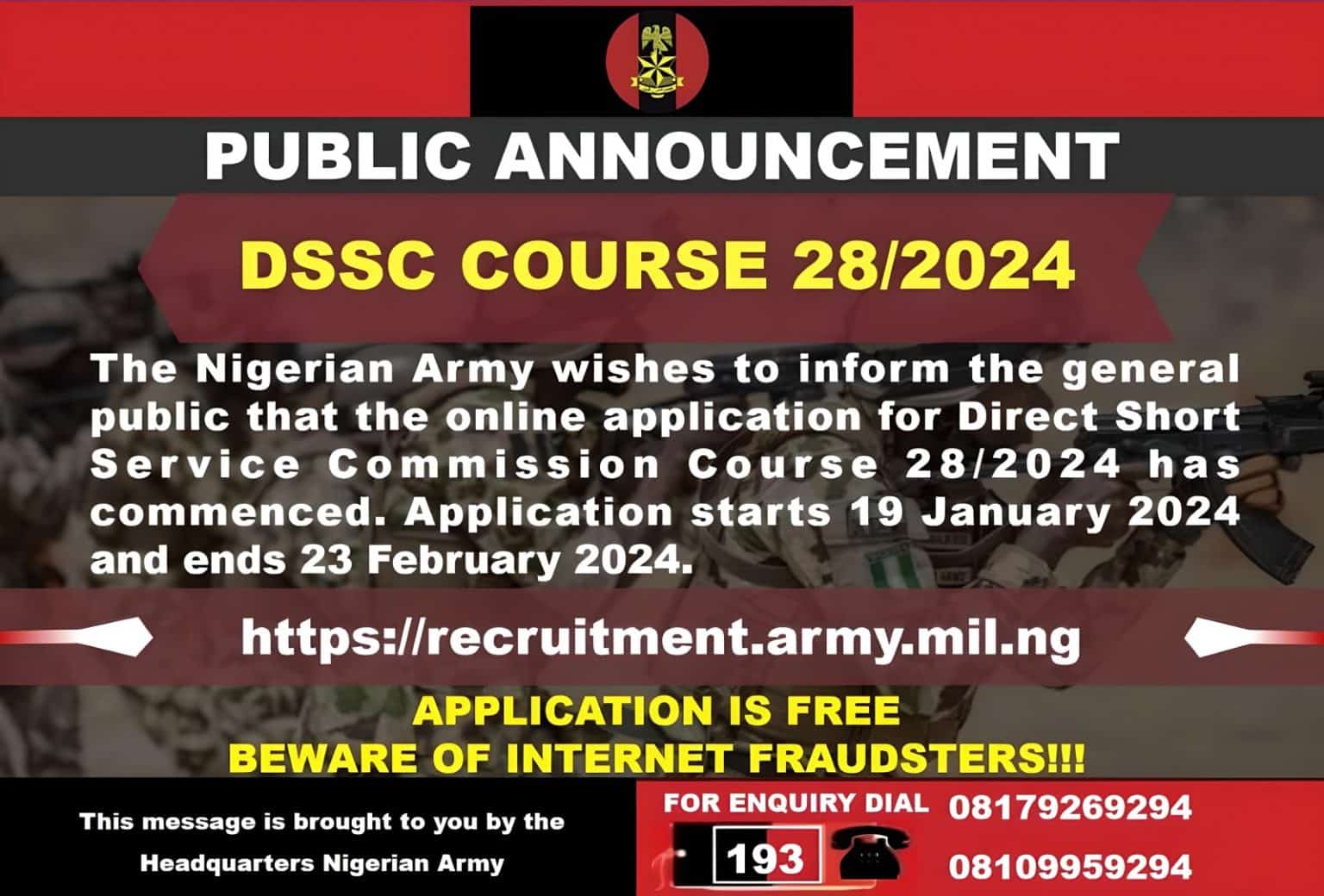 Nigerian Army DSSC Recruitment 2024 Eligibility & Application