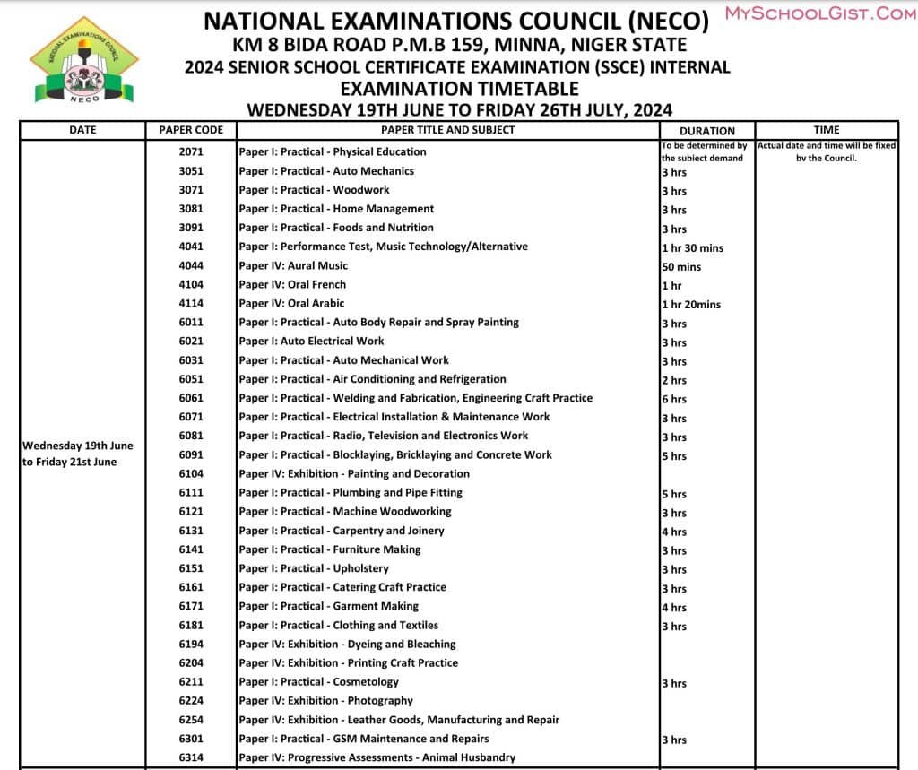 2024 SSCE NECO Timetable Released (Download PDF Here)