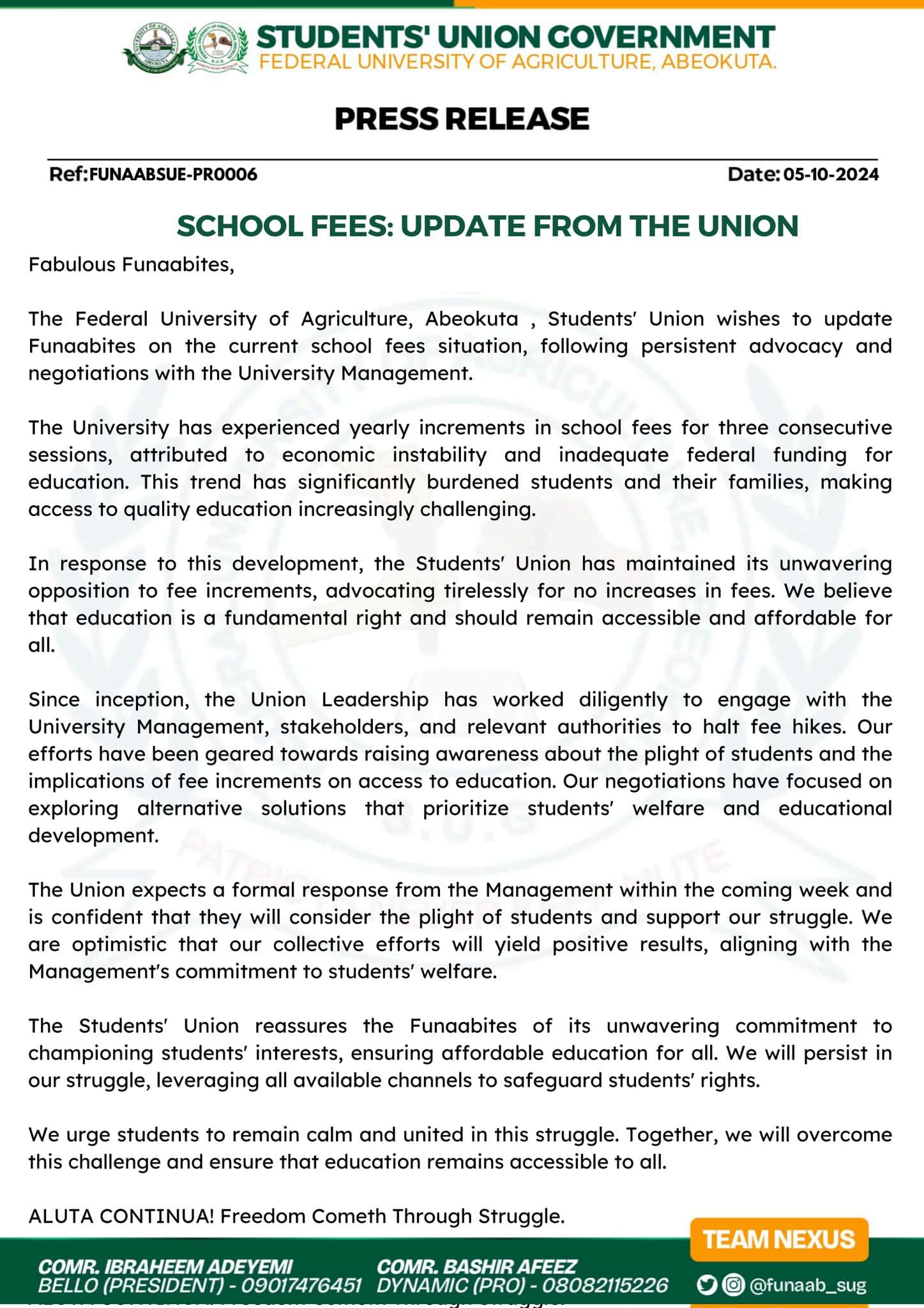 FUNAAB Students' Union Update on School Fees