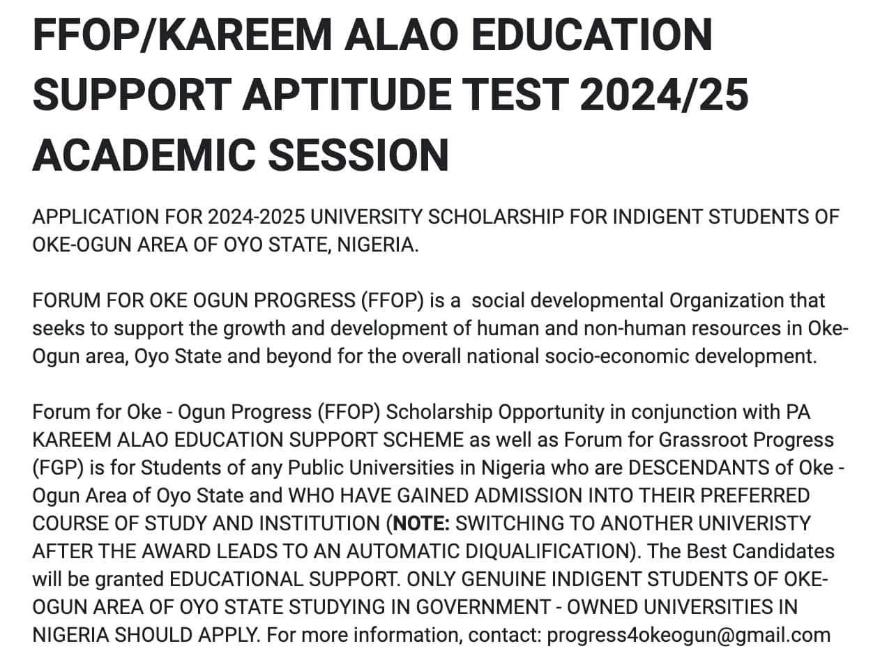 Forum for Oke Ogun Progress (FFOP)/Kareem Alao Educational Scholarship