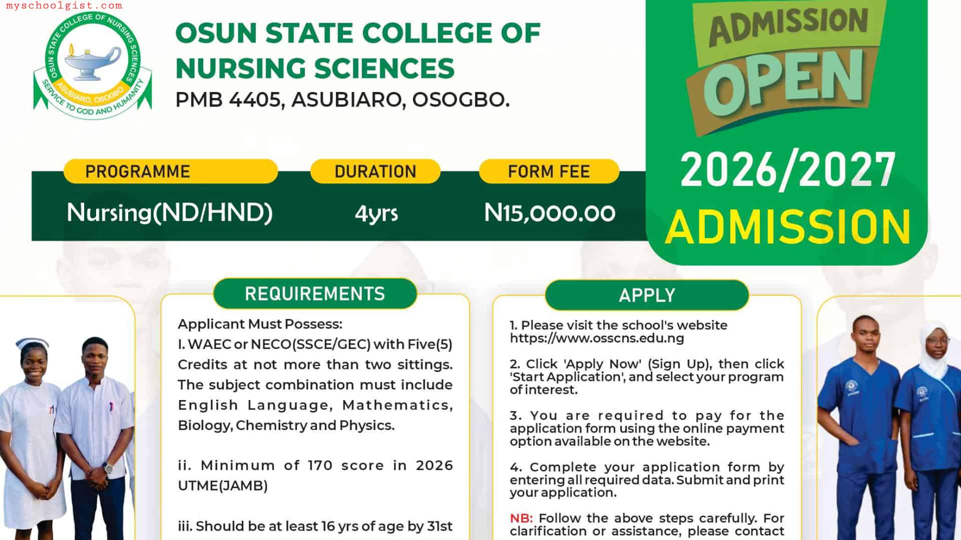 Osun College of Nursing Sciences Post UTME Form for 2026/2027 ND/HND Nursing Admission