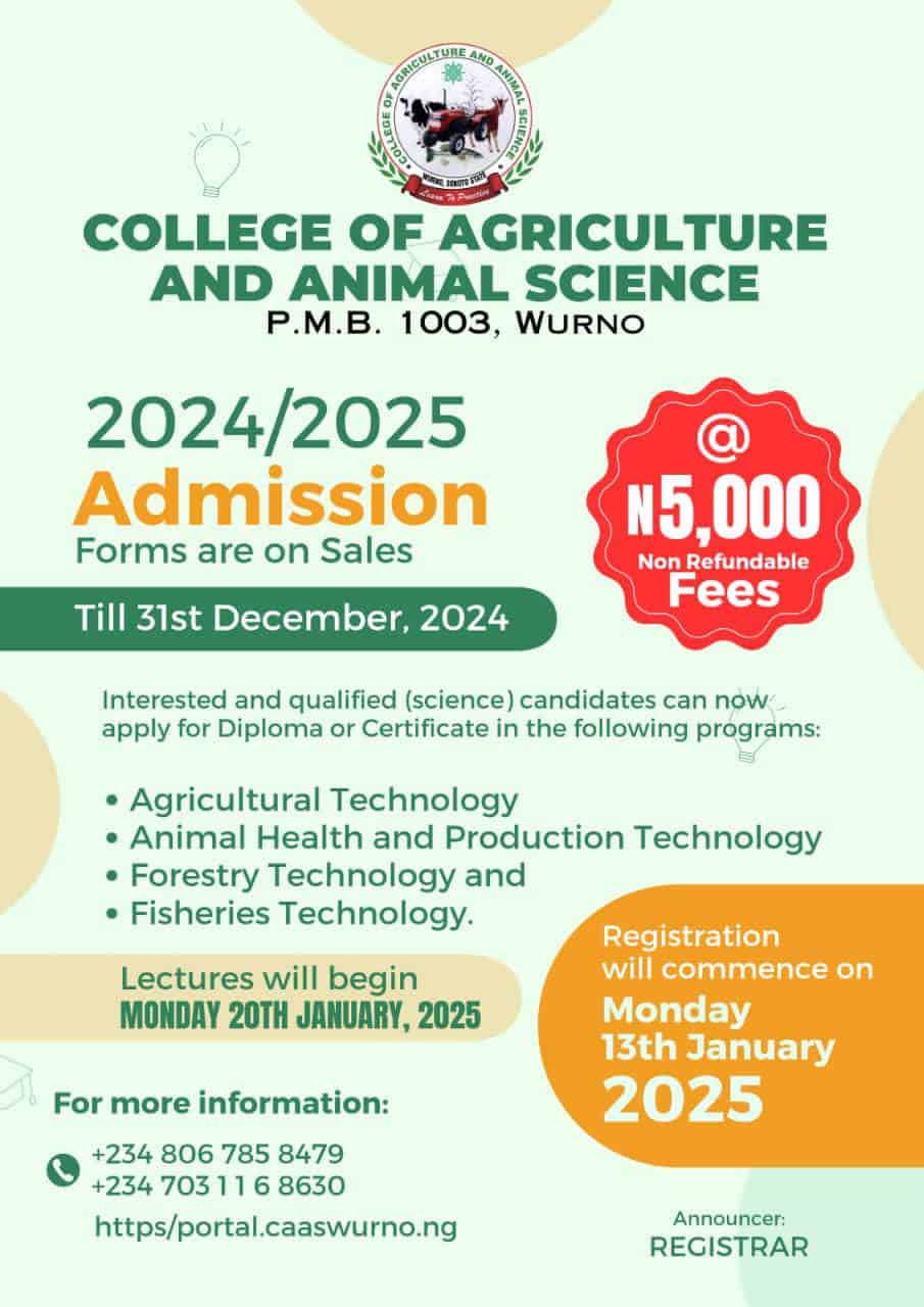 College of Agriculture and Animal Science, Wurno Admission Form 2024-2025