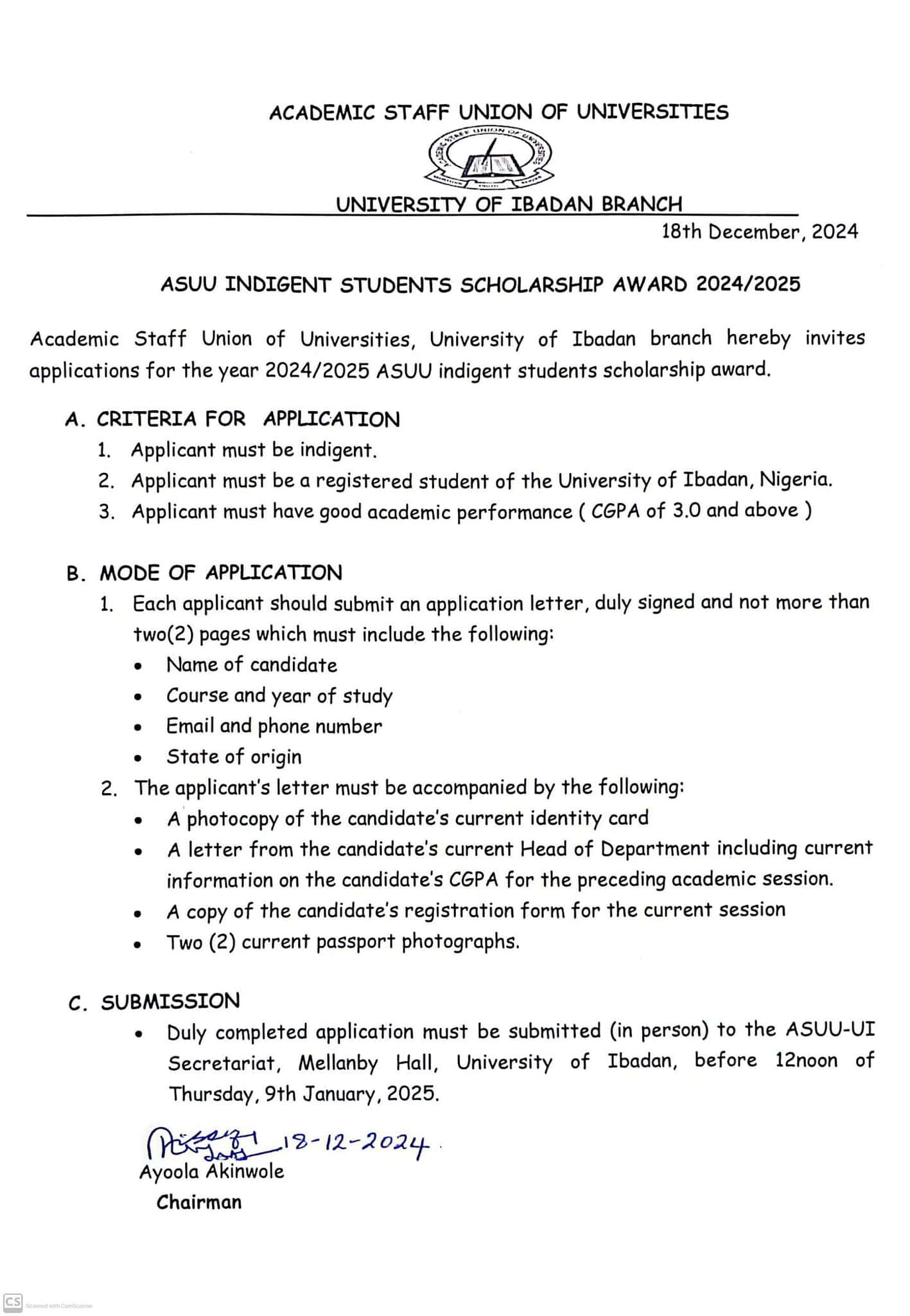 UIASUU Indigent Students Scholarship Award 2024/2025