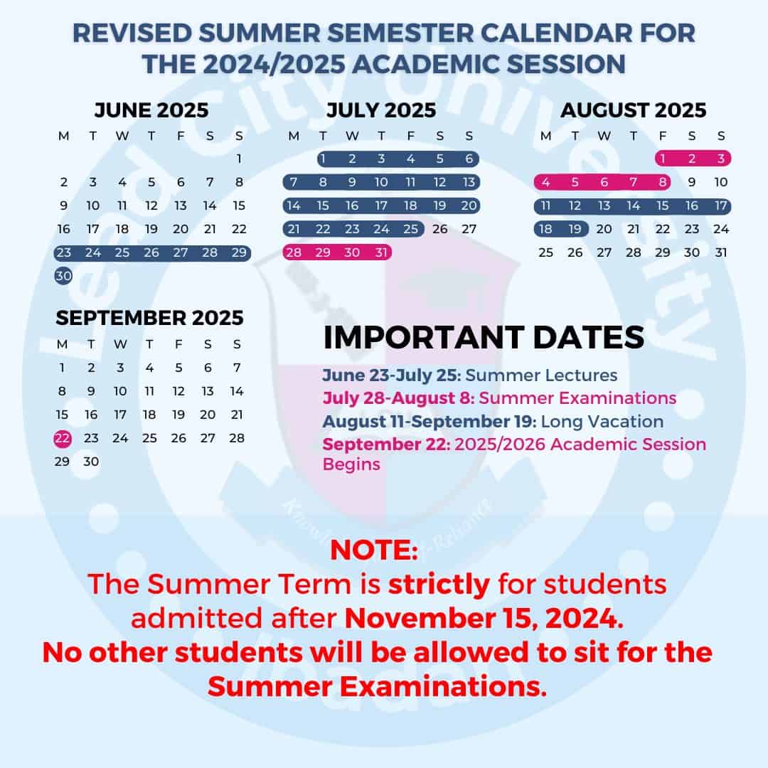 LCU revised summer semester calendar 2024-2025