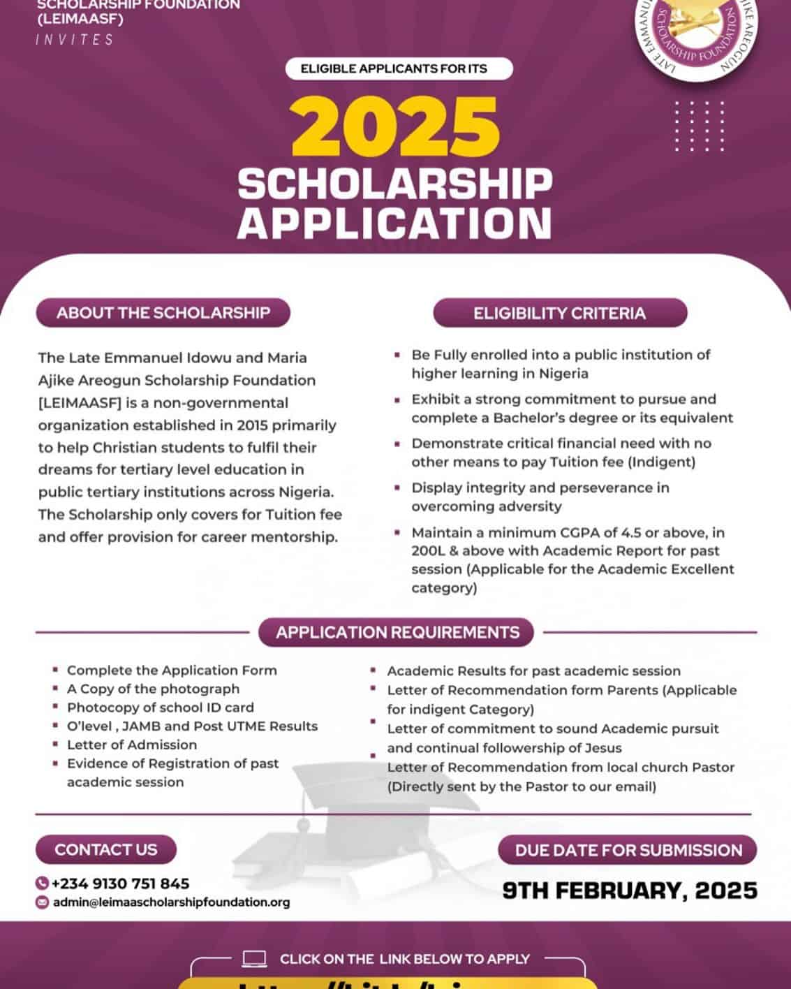 Apply for the Late Emmanuel Idowu and Maria Ajike Areogun Scholarship 2025