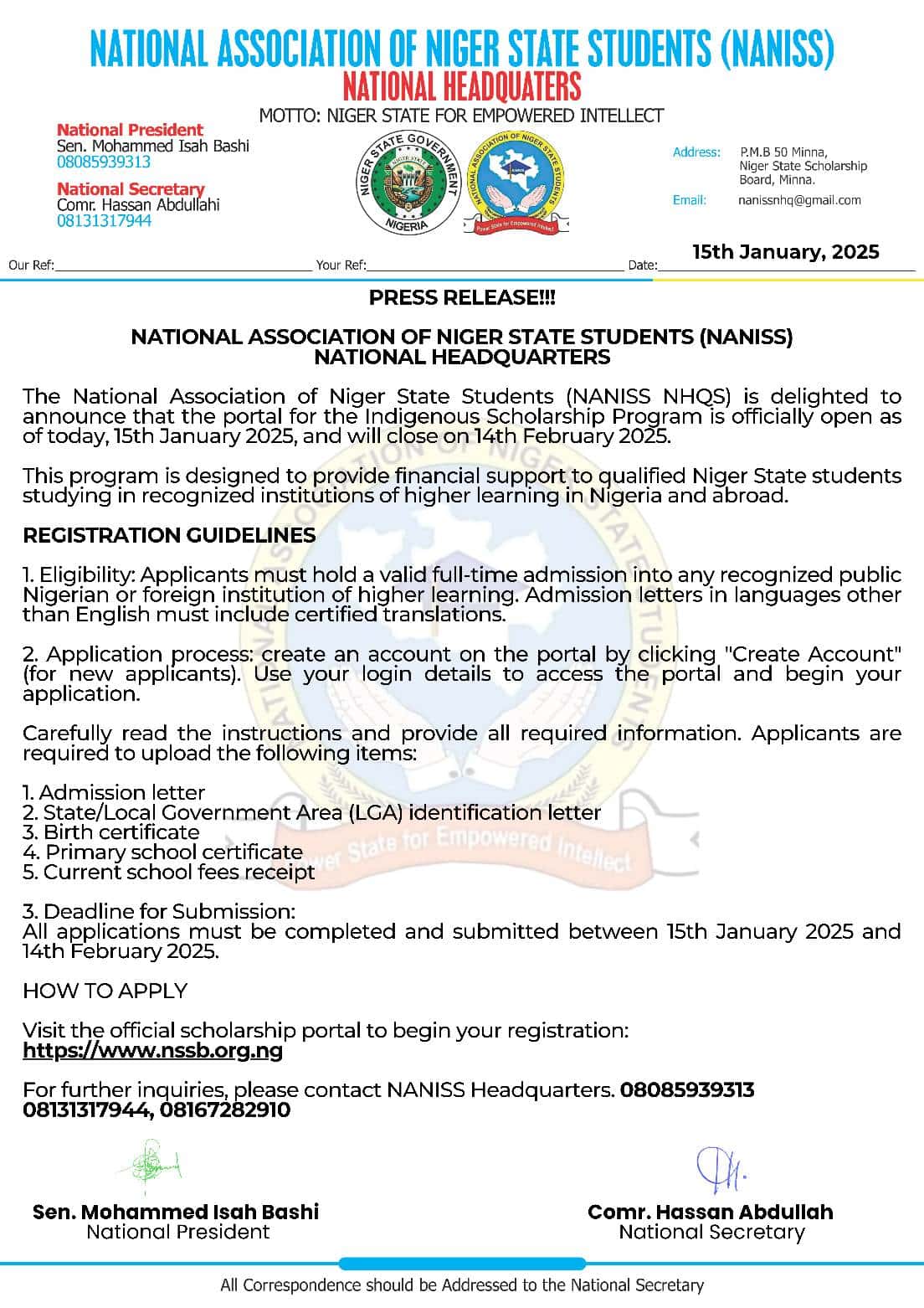 Apply for the NANISS Scholarship 2025