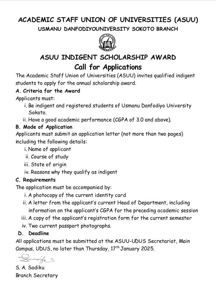 ASUU-UDUSOK Indigent Scholarship Award 2024/2025