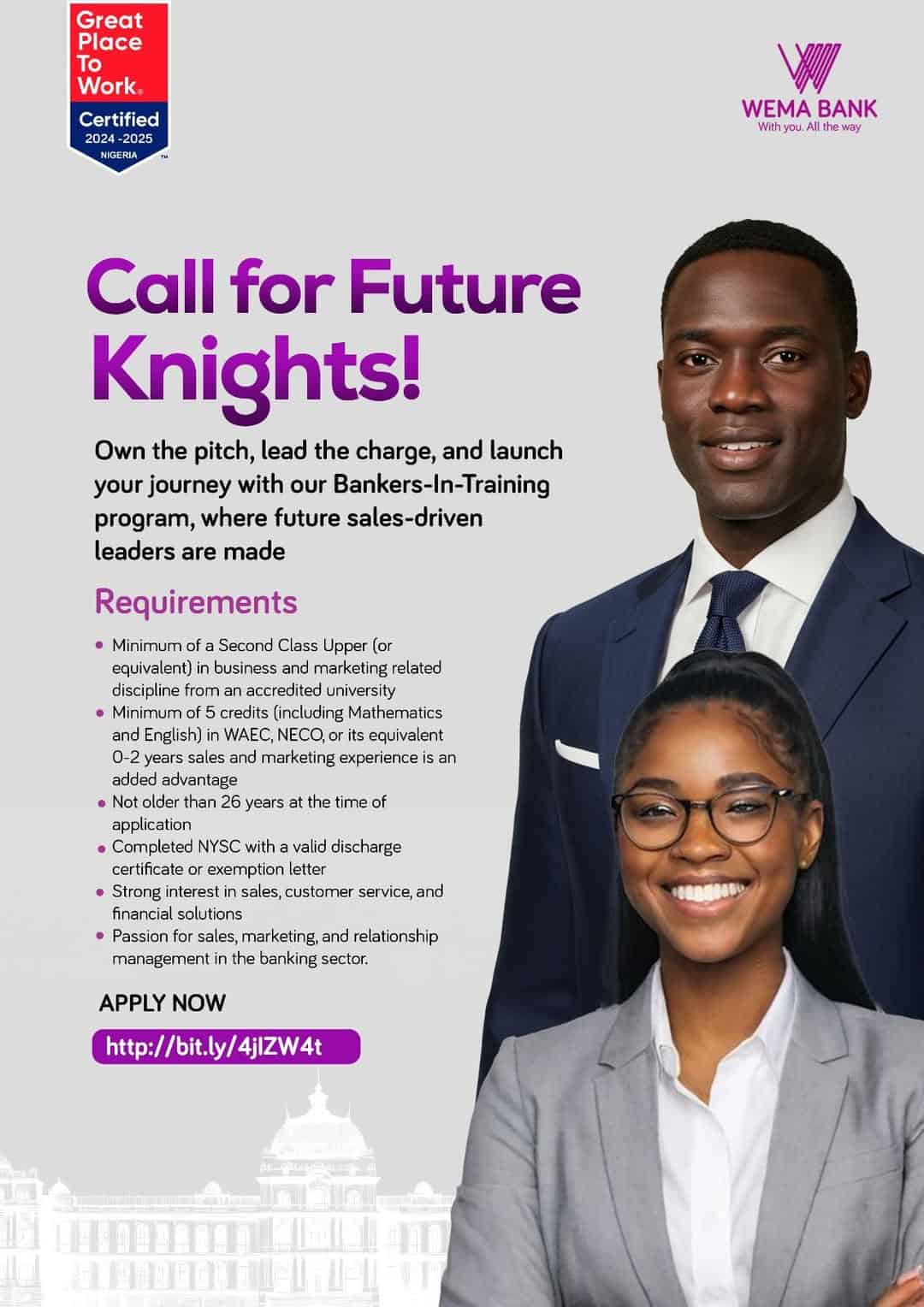 Start a career in sales with Apply for Wema Bank Bankers in Training Programme 2025