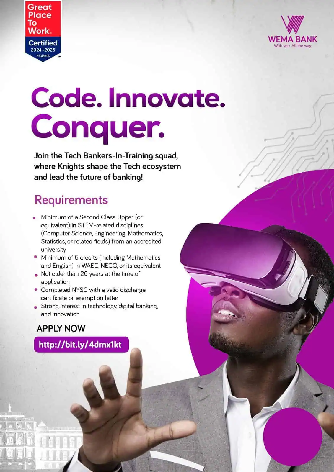 Apply for Wema Bank Bankers in Training Programme 2025 - Start a career in tech with full training and benefits