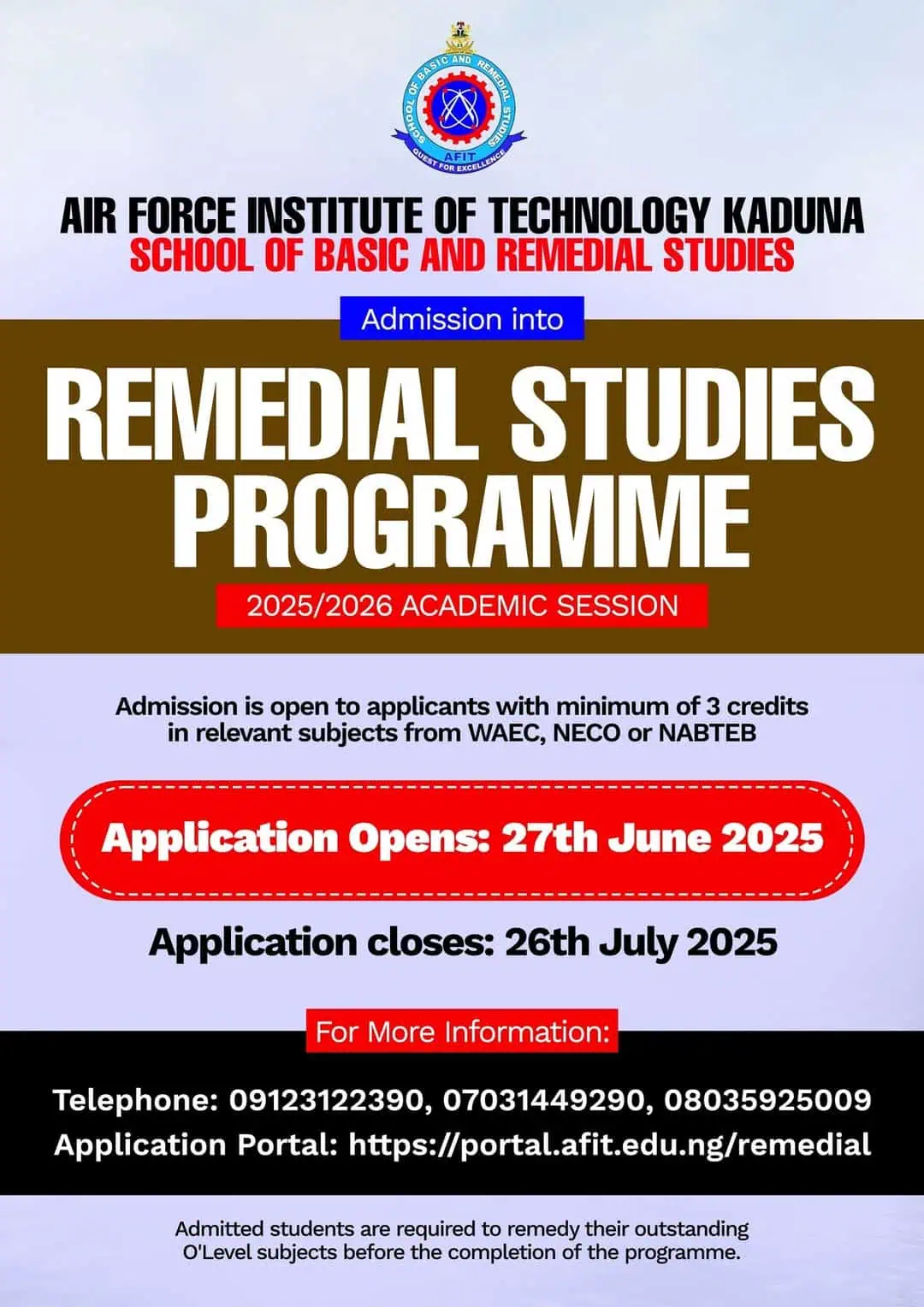 AFIT Remedial Admission 2025/2026: Application Now Open