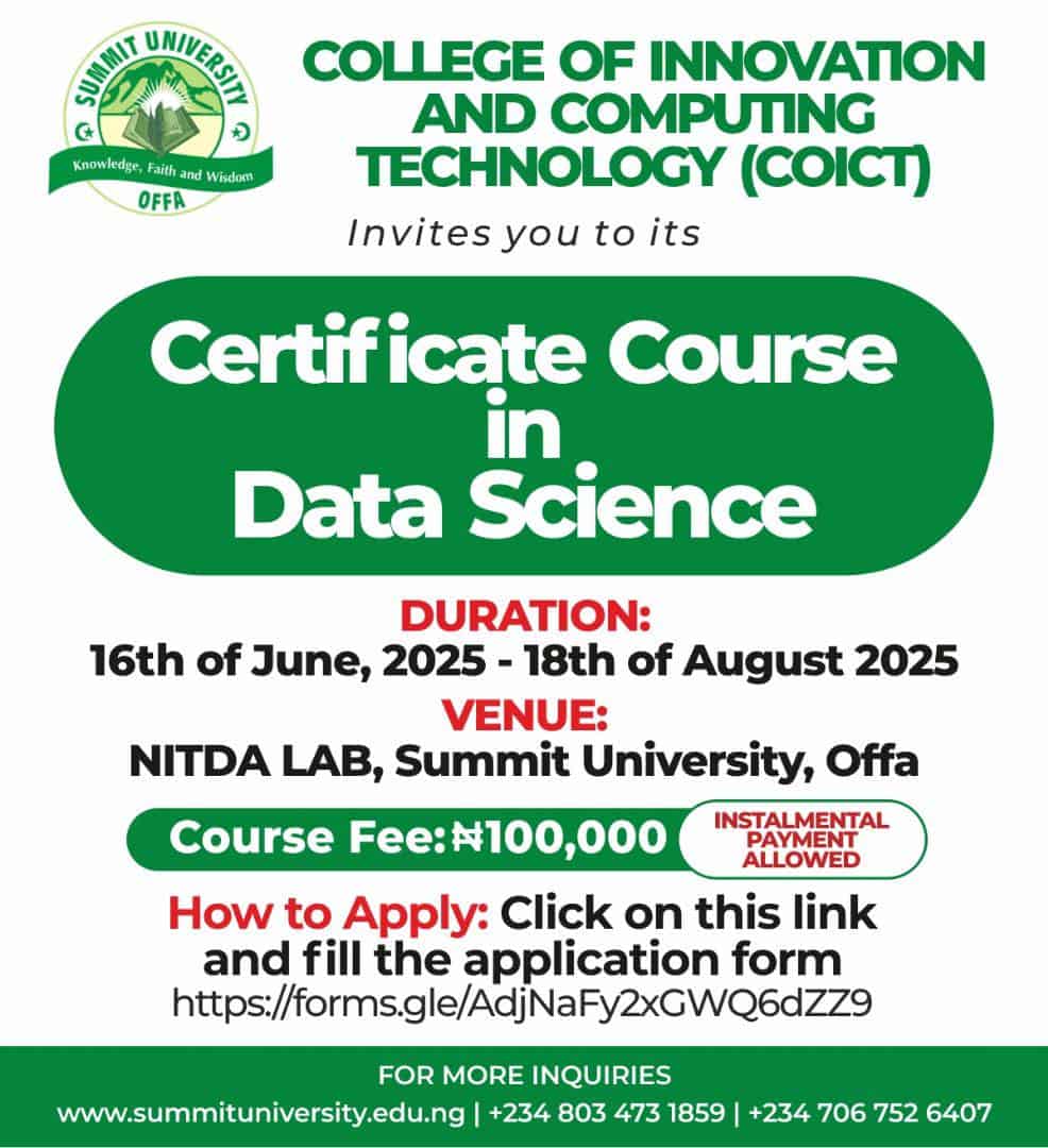 Summit University, Offa (SUNO) Certificate Course in Data Science Admission Form 2025