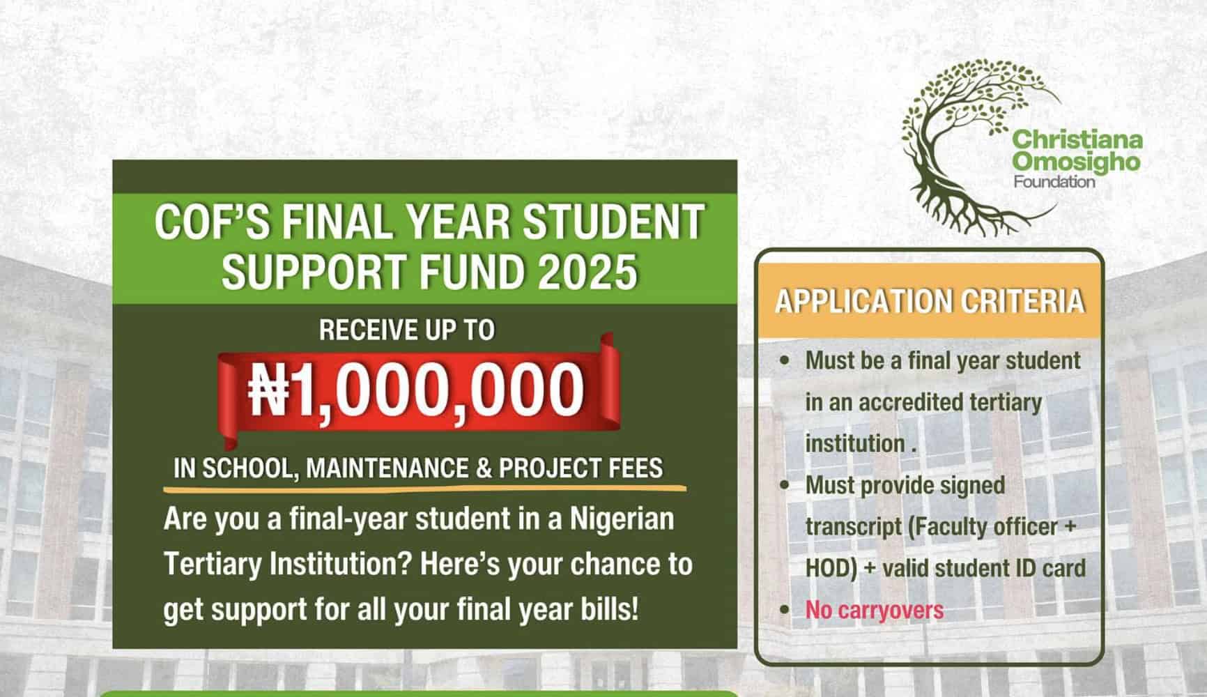 Christiana Omosigho Foundation Student Support Fund 2025 for Final-Year Nigerian Students