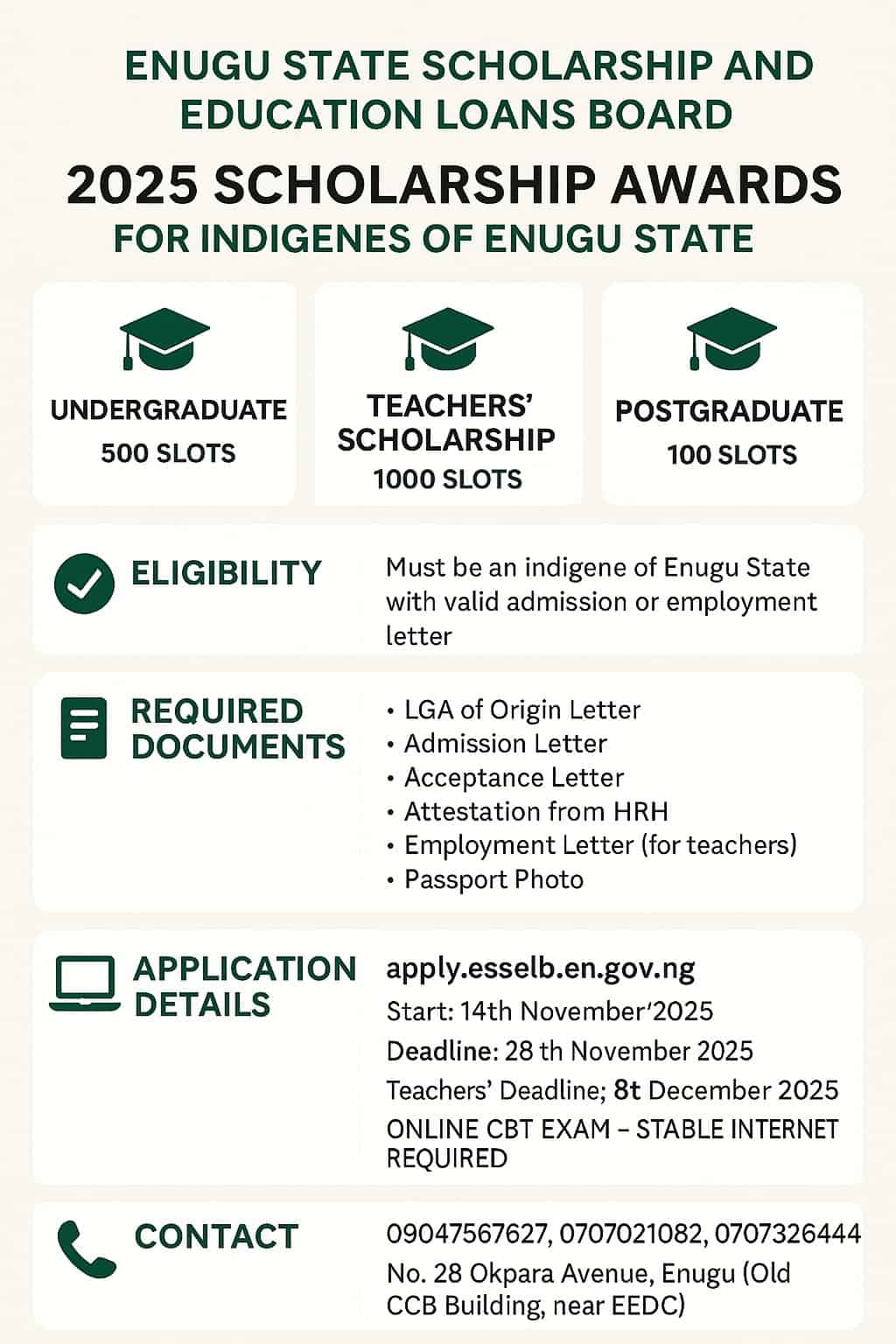 Enugu State Scholarship and Education Loans Board 2025 Scholarship Awards for Indigenes of Enugu State