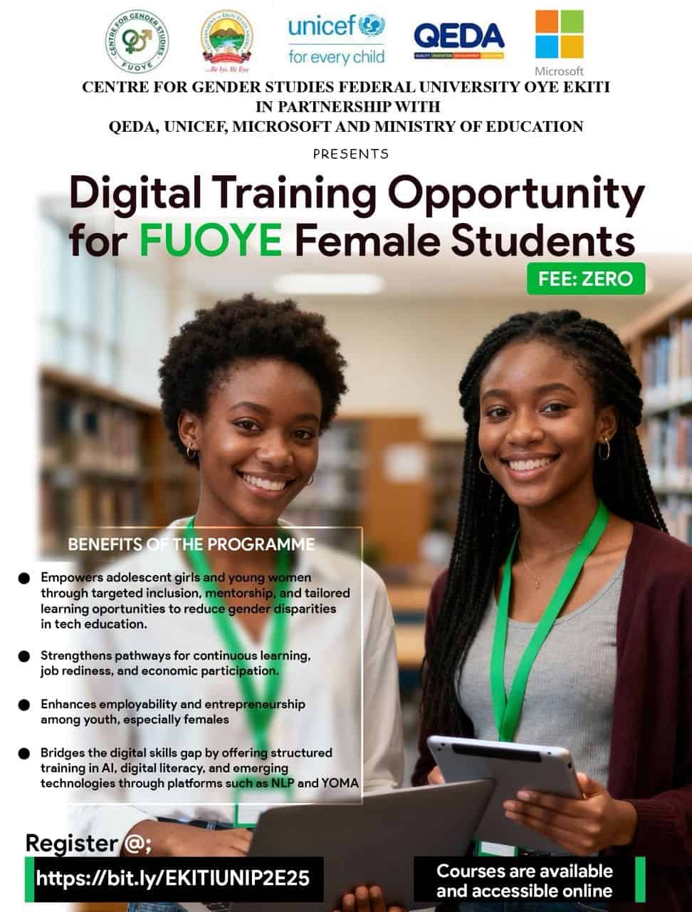 FUOYE Centre for Gender Studies Partners QEDA, UNICEF, and Microsoft on P2E Digital Literacy and AI Training for Female Students